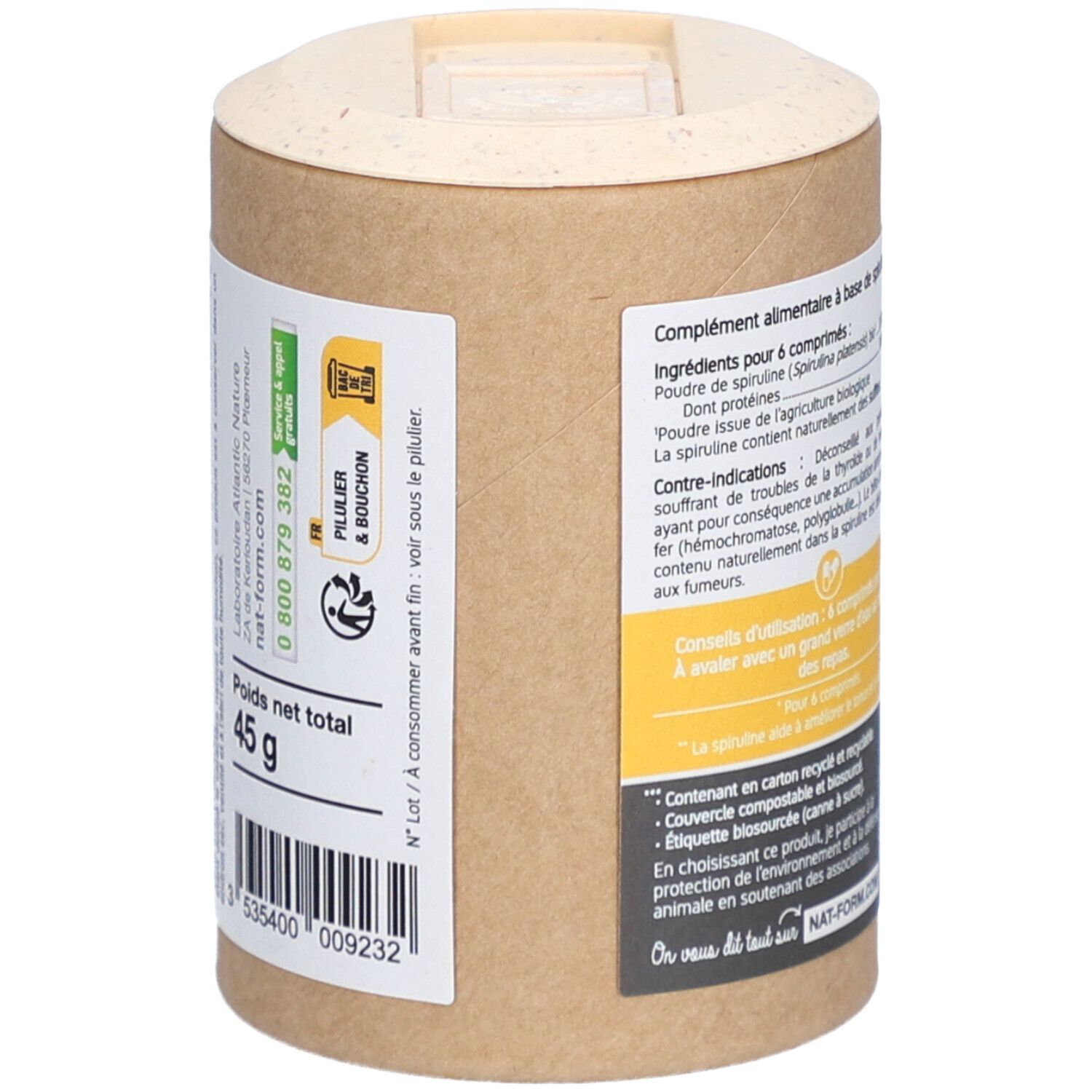 Boîte Spiruline Bio. Poids net total 45g. Code-barres. Texte : 'Bouchon et bouchon'. Informations de contact.