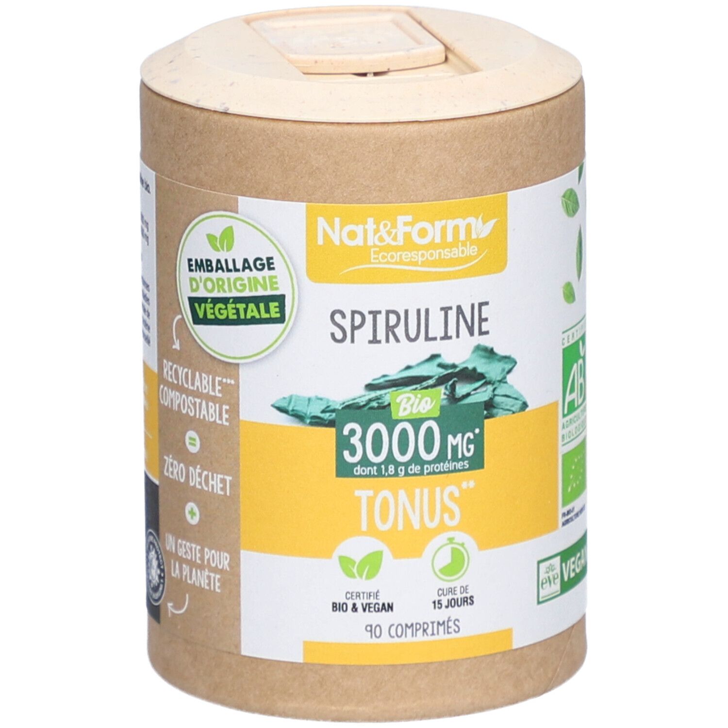 Boîte cylindrique Spiruline Bio. Inscription : 3000 mg, 90 comprimés. Vegan, certification AB. Couvercle avec fermeture.