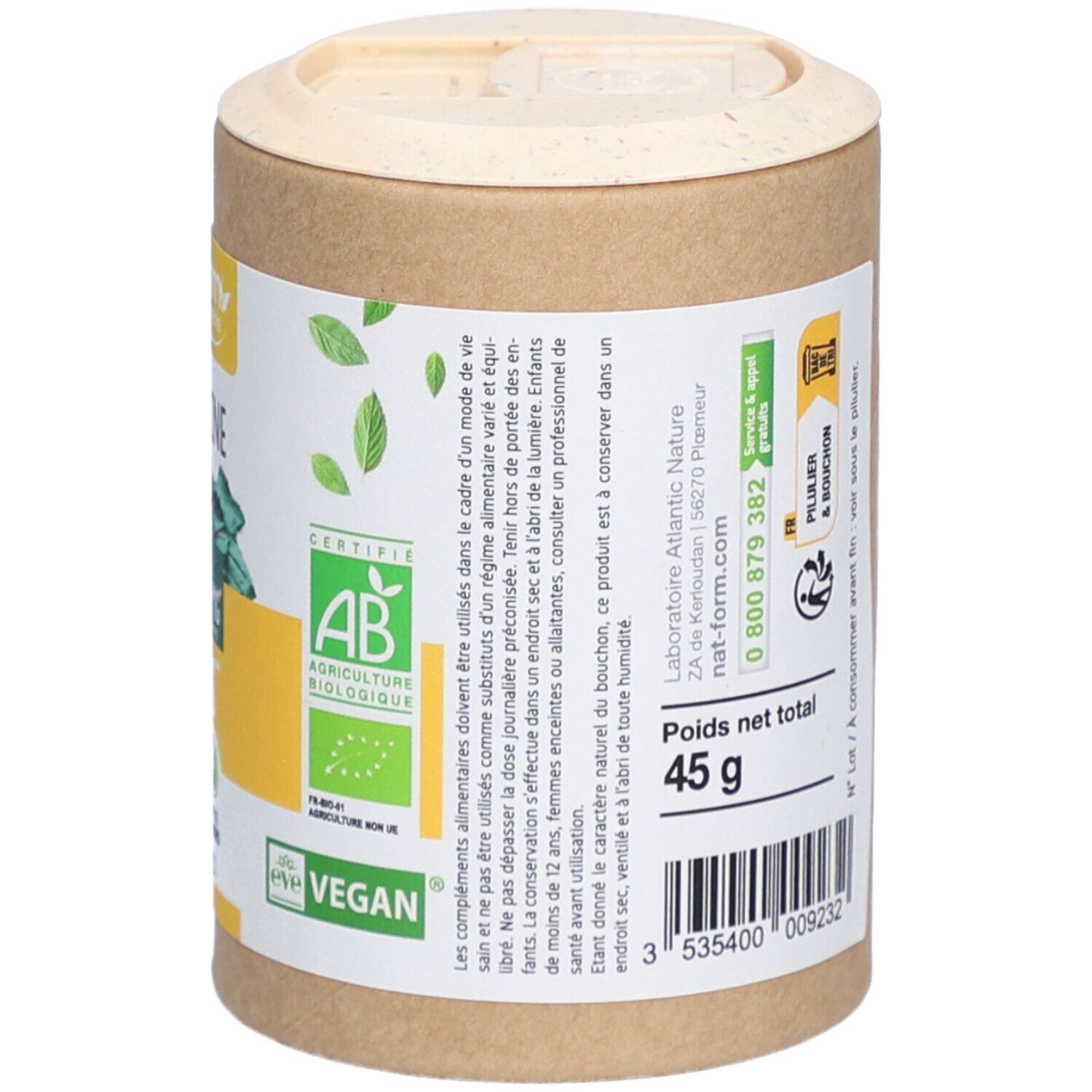 Dos de la boîte. Poids net total 45g. Certification AB. Texte : 'Compléments alimentaires'. Informations de contact.