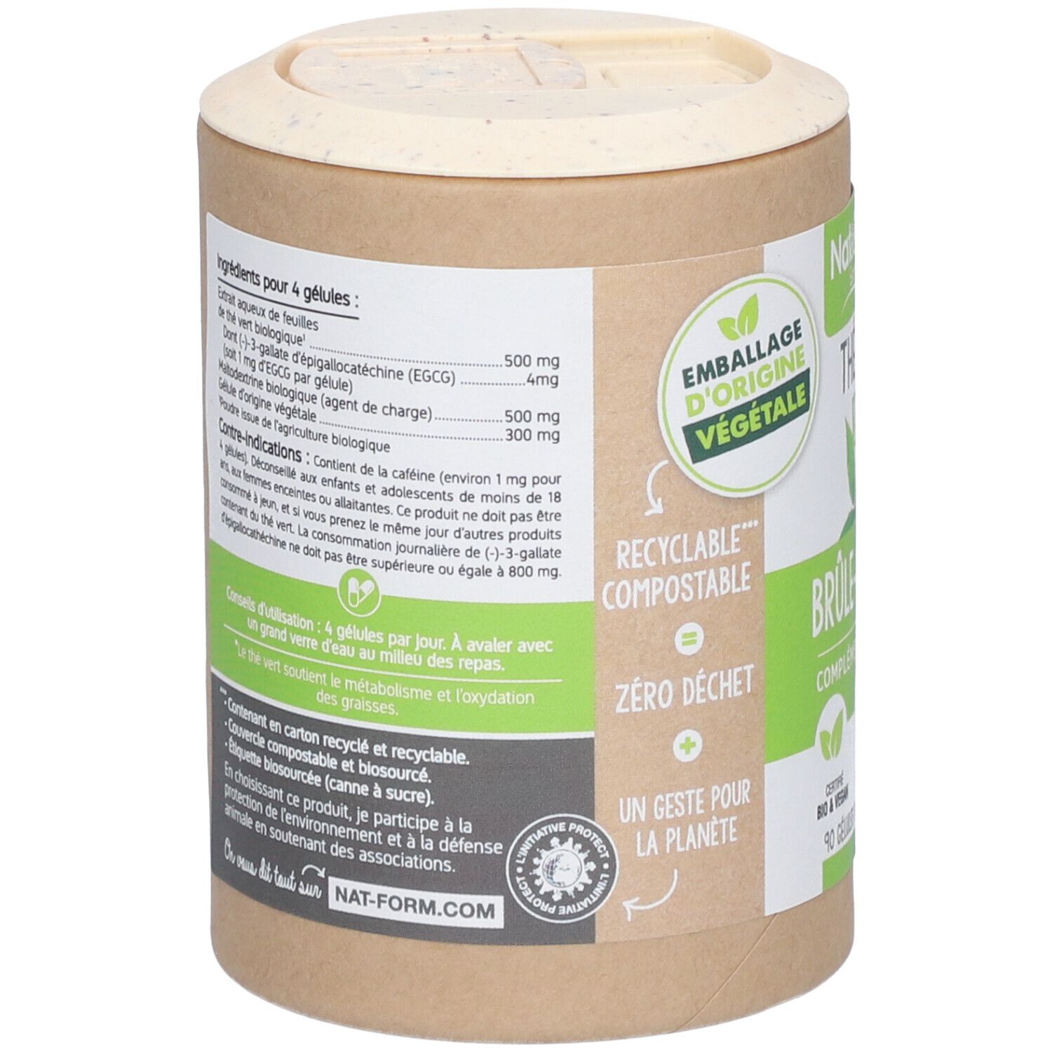 Dos de la boîte. Texte: ingrédients, mode d'emploi, avertissements. Labels: Recyclable, compostable, zéro déchet.