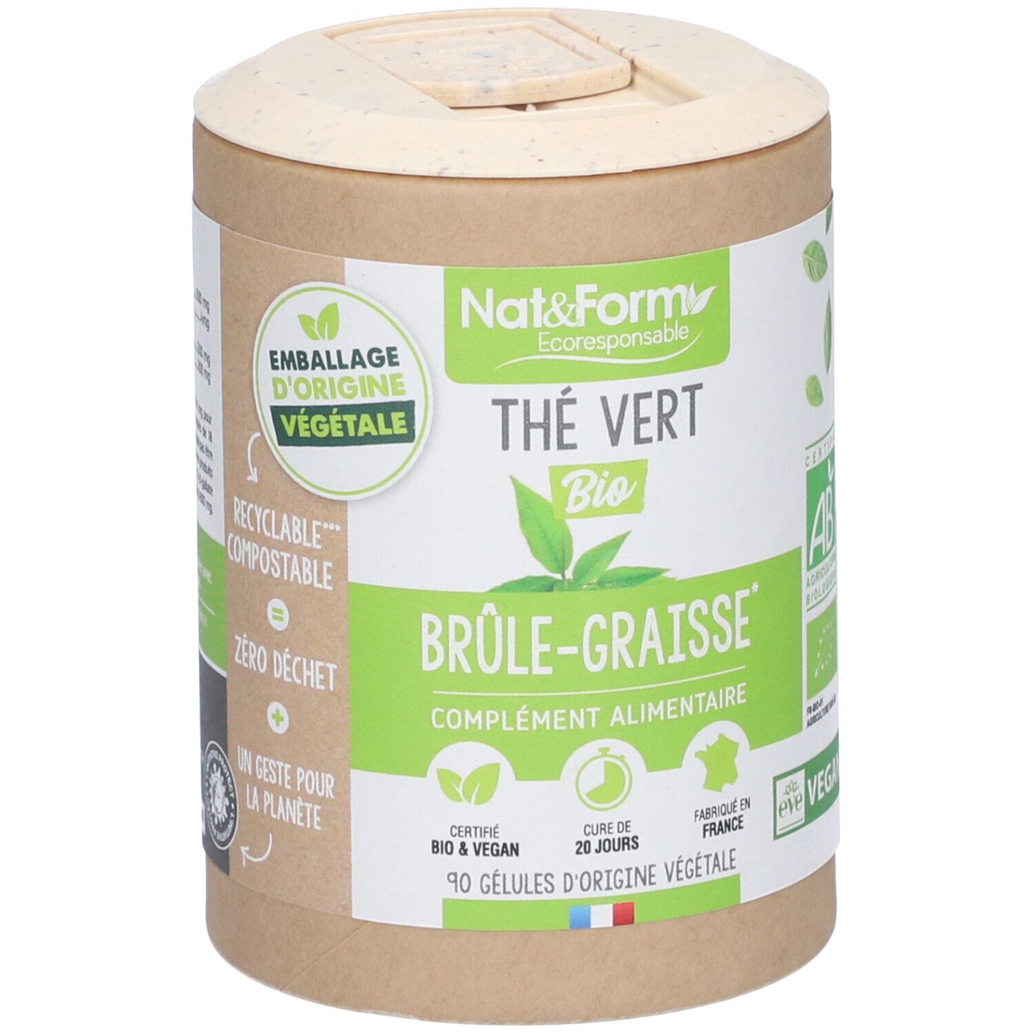 Boîte cylindrique avec couvercle. Inscription: Nat&Form, Thé Vert Bio, Brûle-Graisse, 90 gélules. Labels: AB, Vegan.