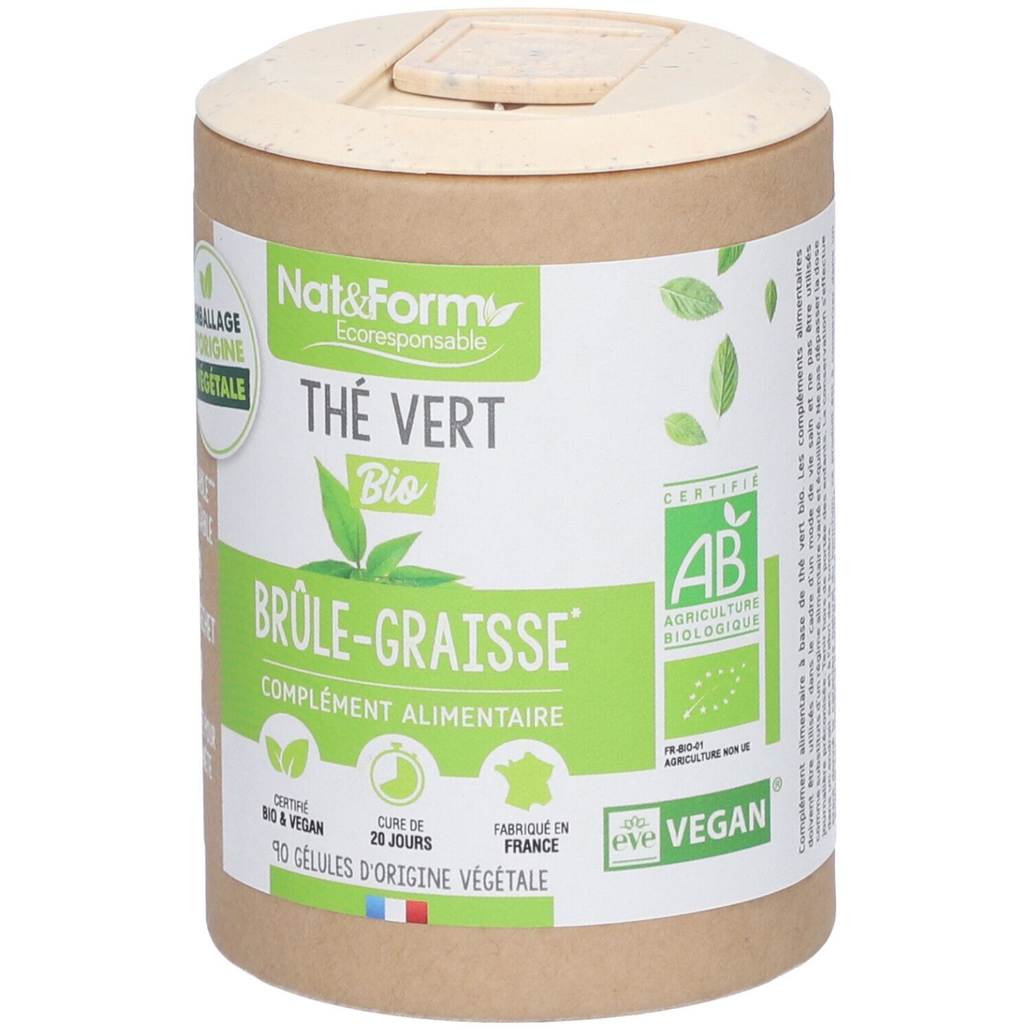 Boîte cylindrique avec couvercle. Inscription: Nat&Form, Thé Vert Bio, Brûle-Graisse, 90 gélules. Labels: AB, Vegan.