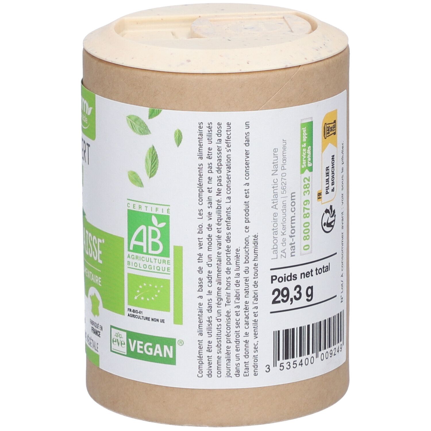 Dos de la boîte. Texte: ingrédients, avertissements, poids net 29,3 g. Labels: AB, Vegan.