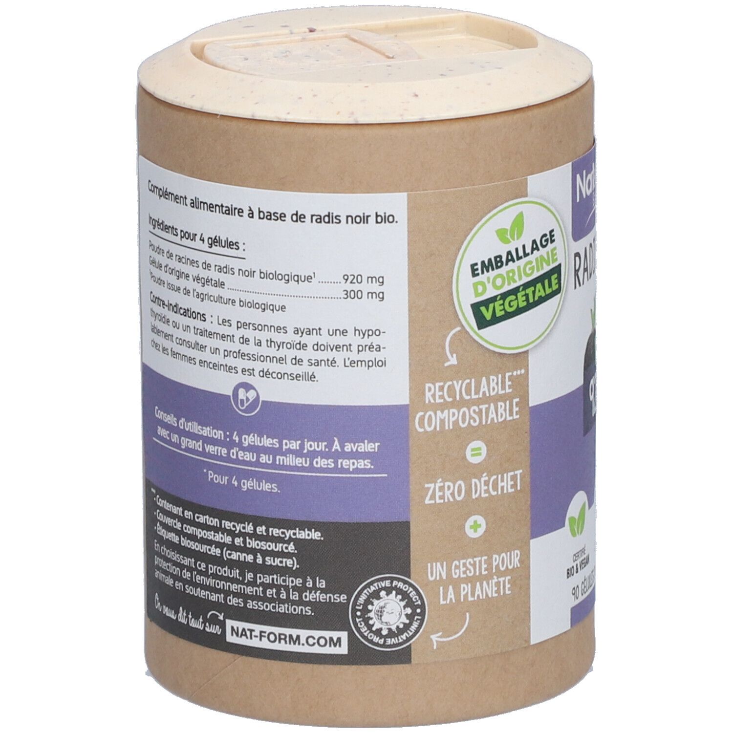 Dos de la boîte. Texte : ingrédients, dosage, avertissements. Inscription : Emballage d'origine végétale, recyclable, compostable, zéro déchet.
