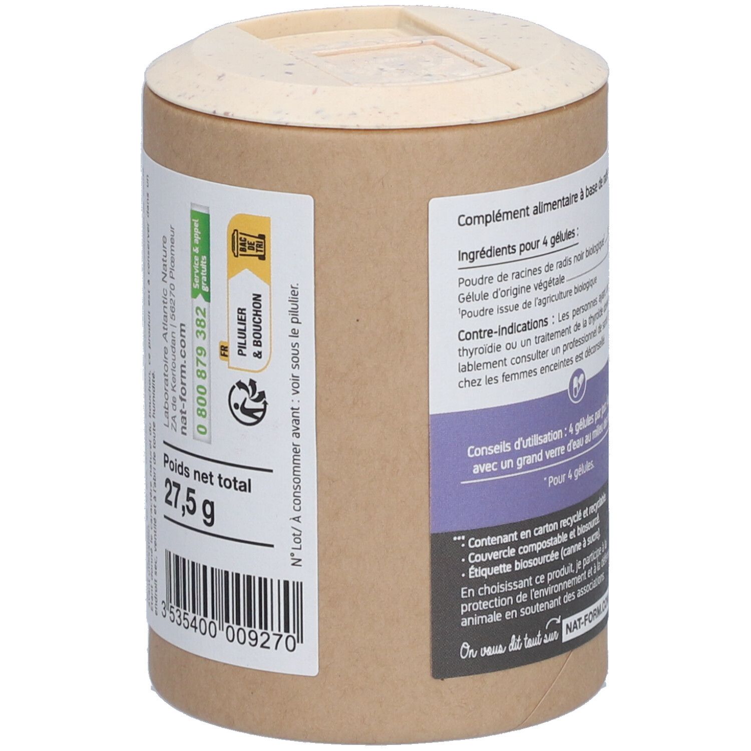 Boîte avec couvercle. Inscription : Poids net total 27,5 g. Texte : ingrédients. Label : Pilier & Bouchon, Service & appel gratuits.