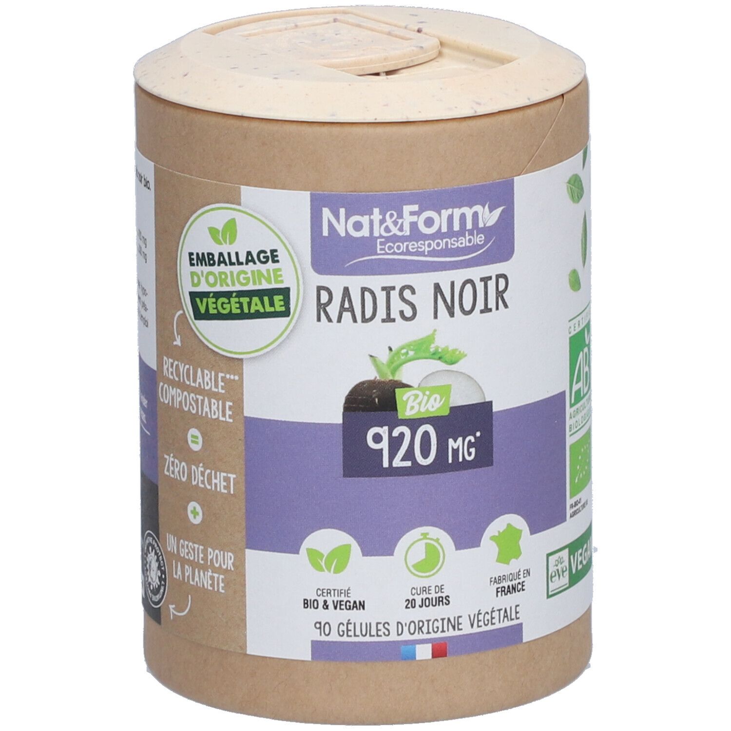 Boîte cylindrique avec couvercle. Inscription : Nat&Form, Radis Noir, Bio, 920 mg. Labels : AB, Vegan, Emballage d'origine végétale.