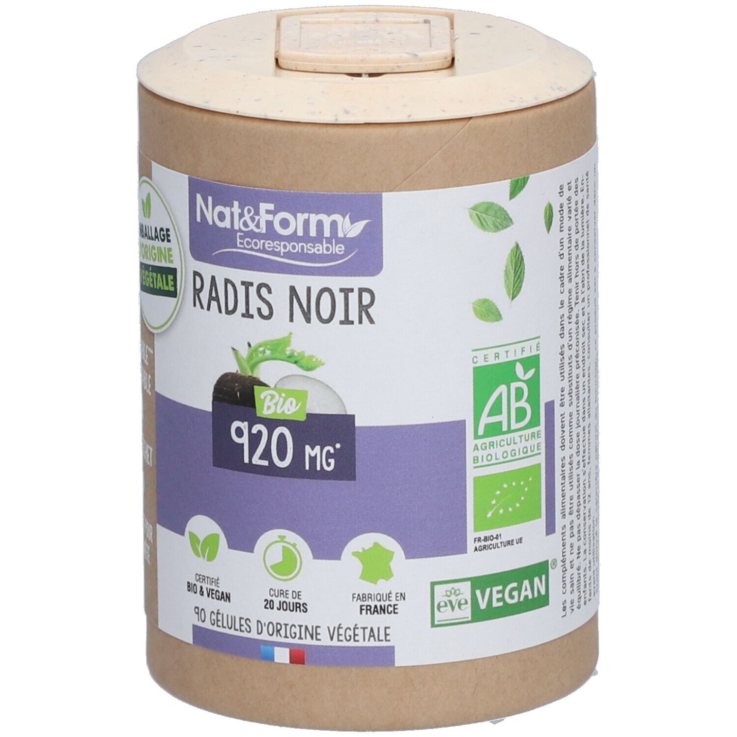 Boîte cylindrique avec couvercle. Inscription : Nat&Form, Radis Noir, Bio, 920 mg. Labels : AB, Vegan, Emballage d'origine végétale.