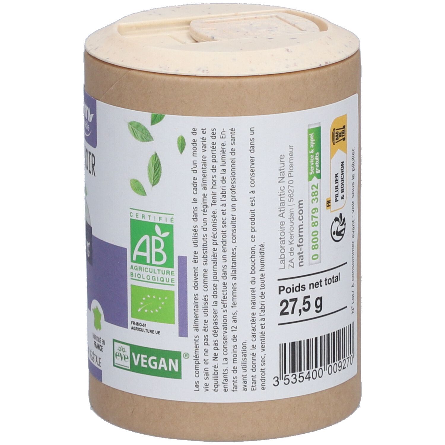 Boîte avec couvercle. Inscription : Poids net total 27,5 g. Labels : AB, Vegan. Texte : ingrédients, conseils de conservation. Adresse du fabricant.