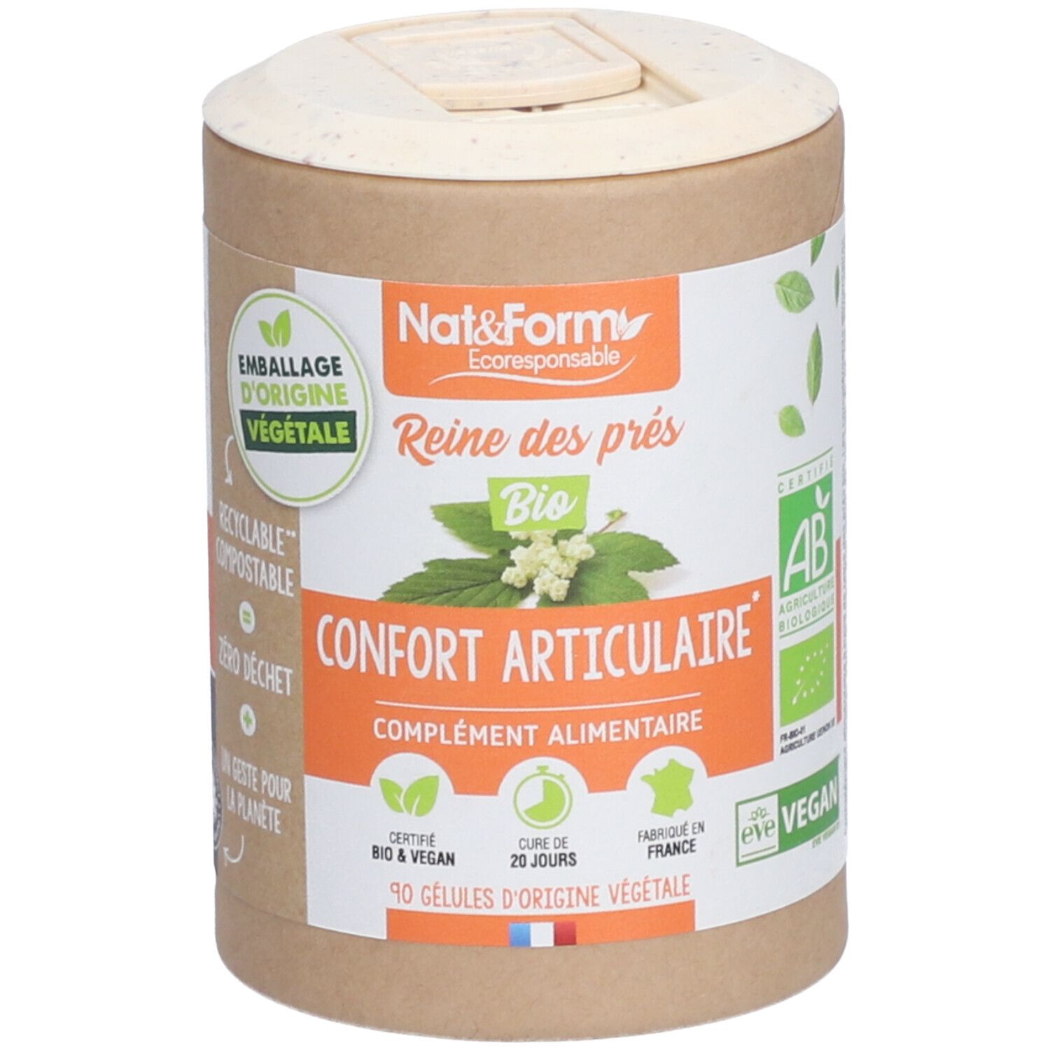Zylindrische Dose mit Produktinformationen. Aufschrift: Nat&Form, Reine des prés, Confort articulaire, Bio, Vegan. Zertifizierungen.
