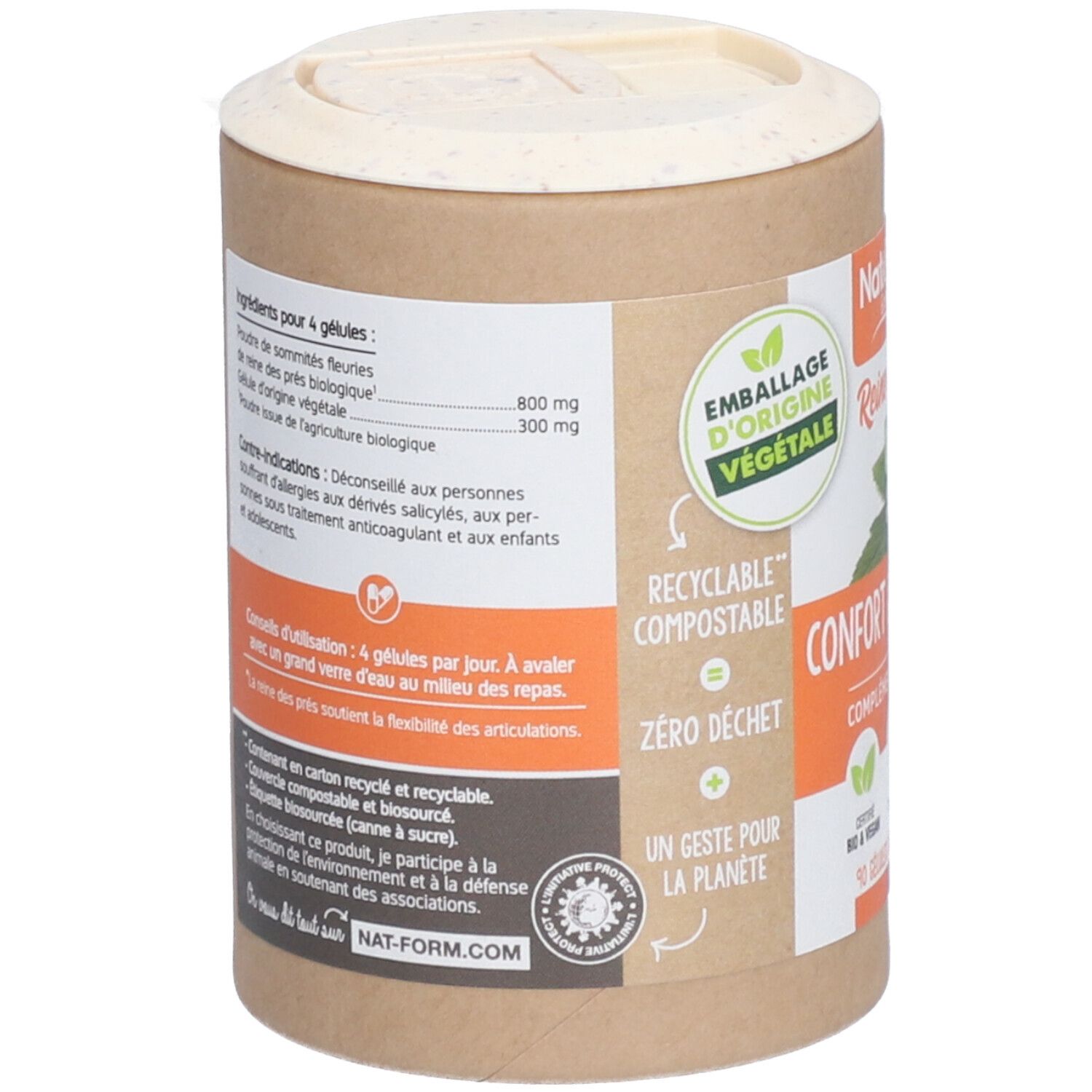 Zylindrische Dose, Rückseite mit Inhaltsstoffen und Anwendungshinweisen. Text: Inhaltsstoffe, Anwendung, Warnhinweise. Recycelbar, kompostierbar.