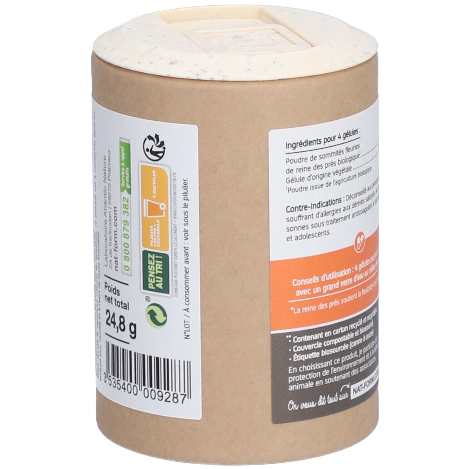 Zylindrische Dose, Rückseite mit Produktinformationen. Text: Inhaltsstoffe, Nettogewicht 24,8 g. Recycling- und Umweltzeichen.