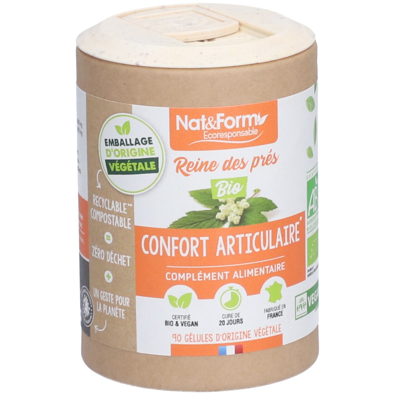 Zylindrische Dose mit Produktinformationen. Aufschrift: Nat&Form, Reine des prés, Confort articulaire, Bio, Vegan. Zertifizierungen.
