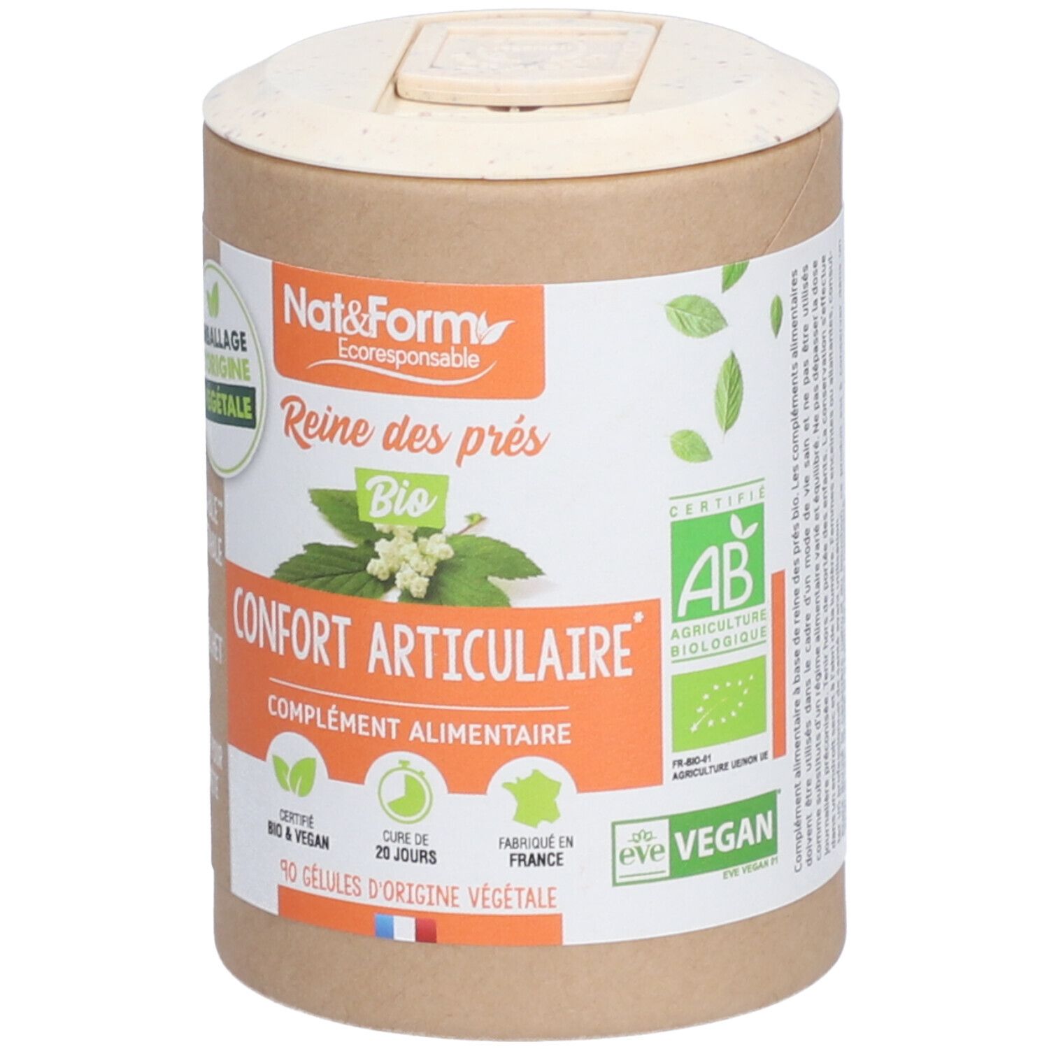 Zylindrische Dose mit Produktinformationen. Aufschrift: Nat&Form, Reine des prés, Confort articulaire, Bio, Vegan. Zertifizierungen.