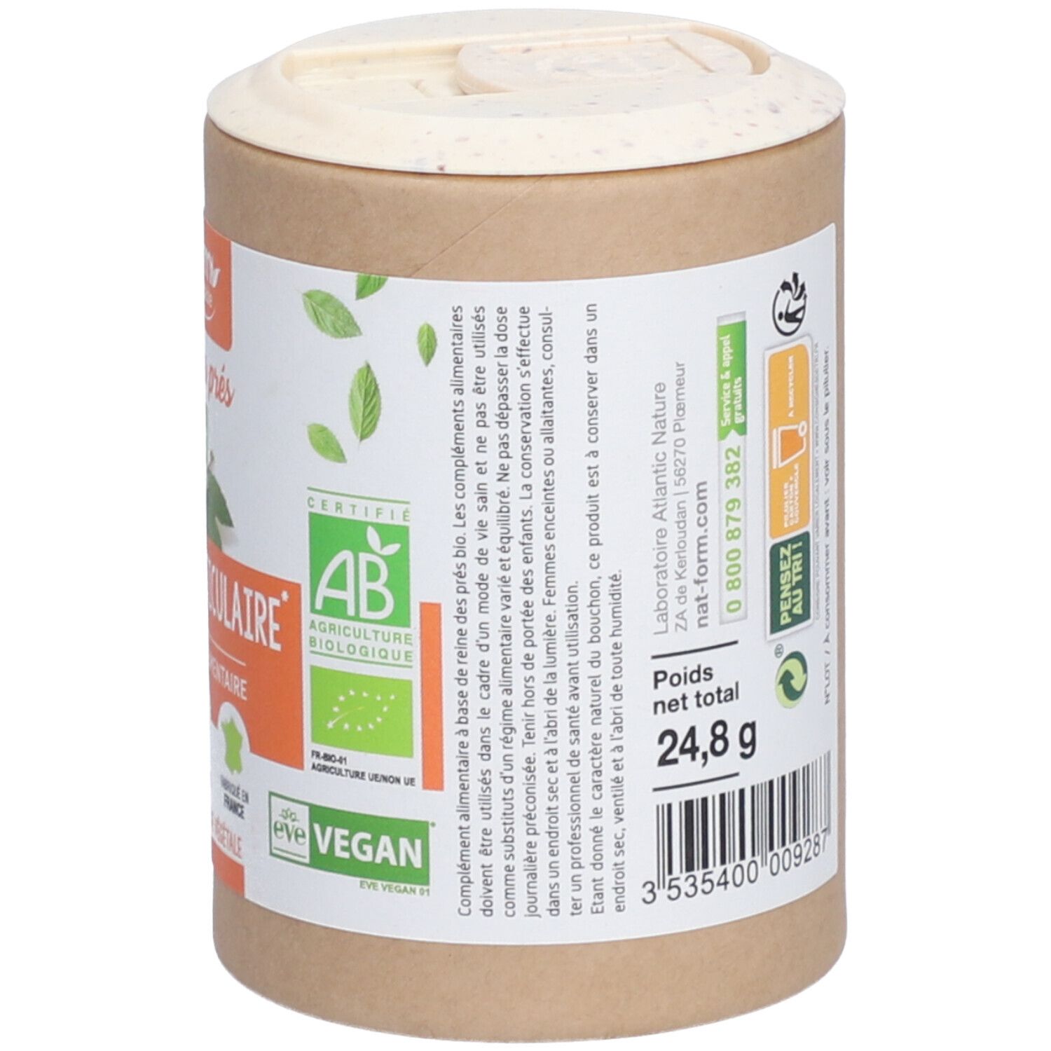 Zylindrische Dose, Rückseite mit Produktinformationen. Text: Inhaltsstoffe, Nettogewicht 24,8 g. Recycling- und Umweltzeichen.