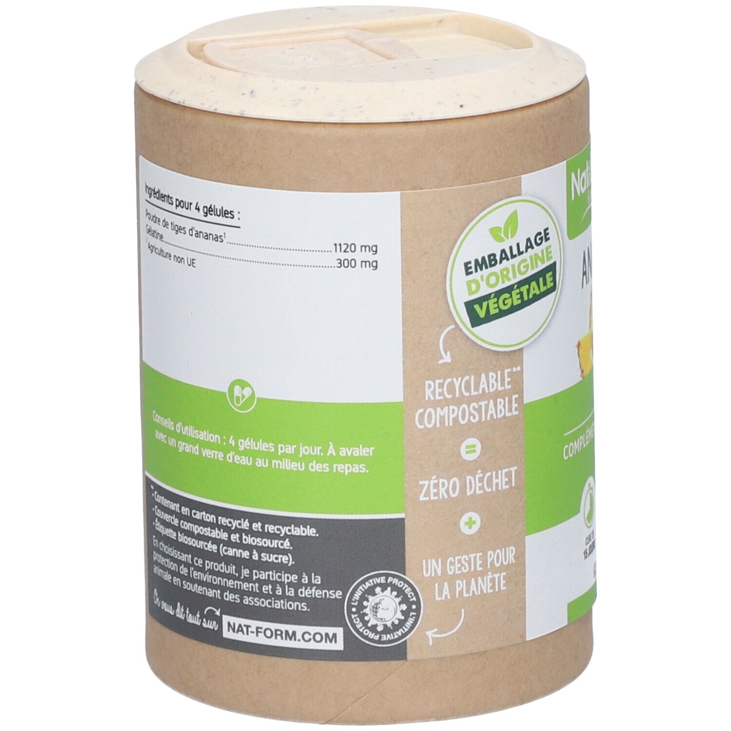 Rückseite der Dose. Zutatenliste, Anwendungshinweise. "Emballage d'origine végétale", "Recyclable, compostable, zéro déchet".