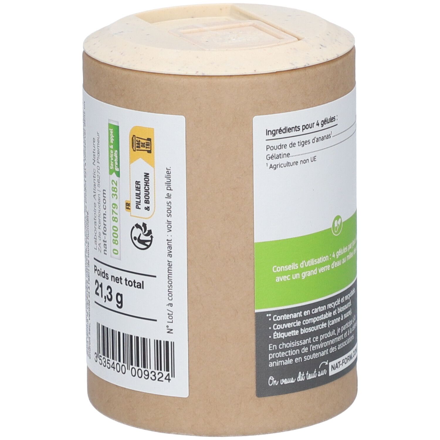 Rückseite der Dose. Gesamtgewicht 21,3 g. Informationen zu Inhaltsstoffen und Hersteller. "Pilulier & Bouchon".