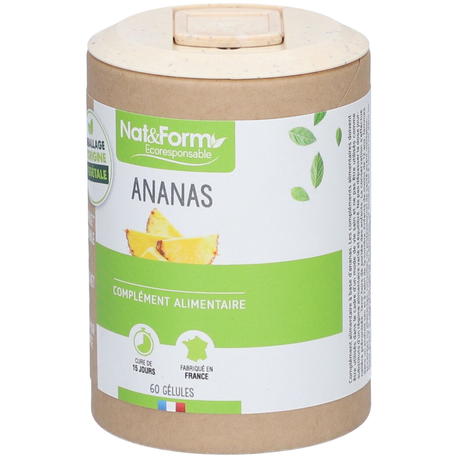 Zylindrische Dose "Nat&Form Ananas". Grüner Streifen mit Produktname und Ananas-Abbildung. 60 Kapseln. "Ecoresponsable".
