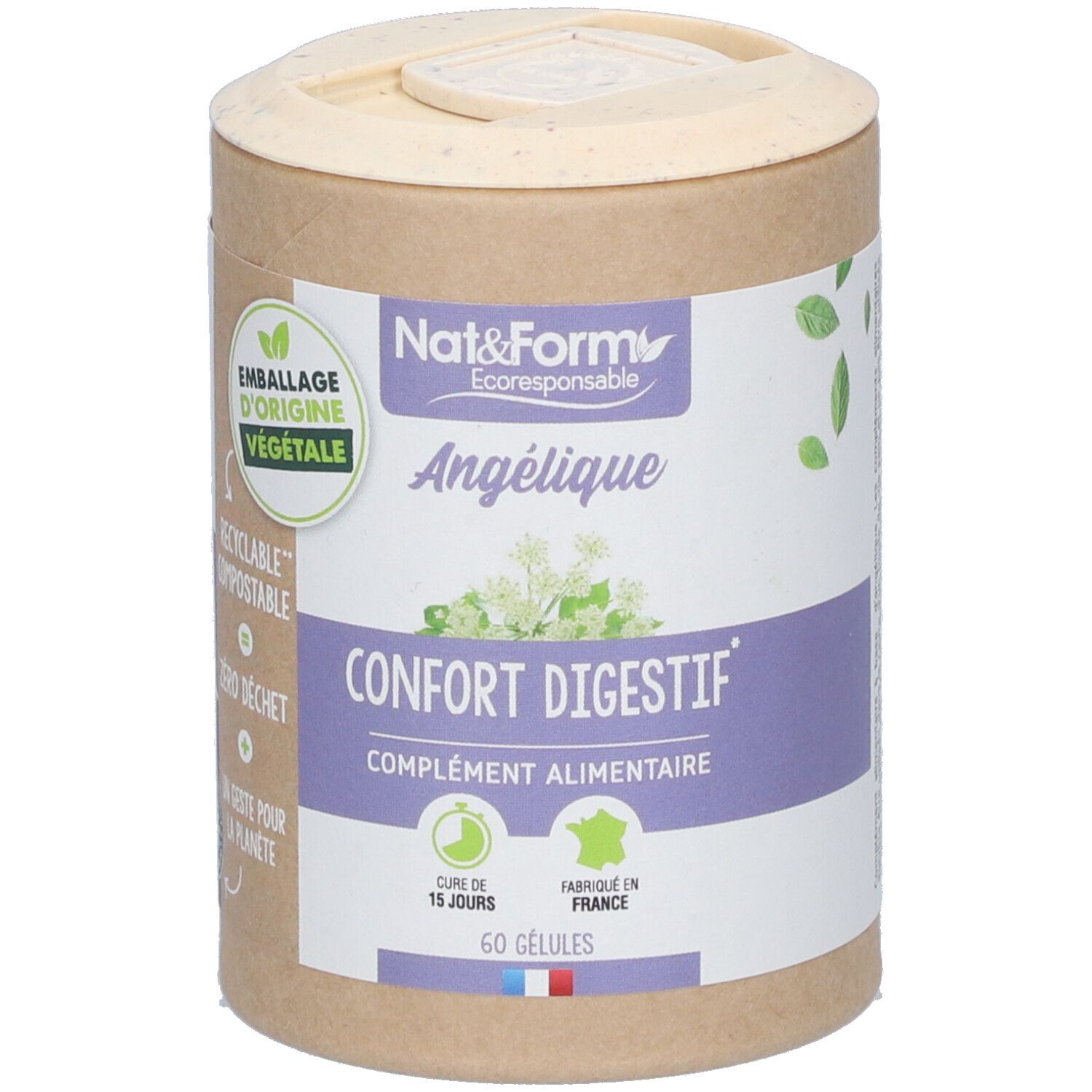 Boîte cylindrique avec couvercle. Inscription: Nat&Form, Angélique, Confort Digestif, 60 gélules. Emballage végétal.