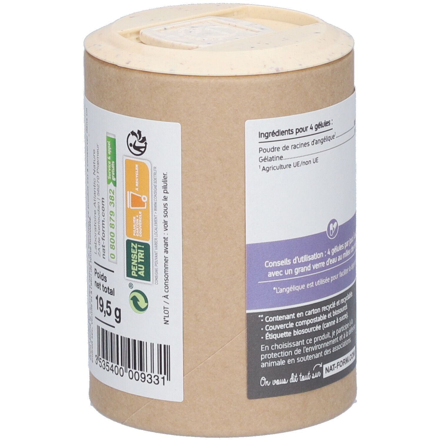 Dos de la boîte. Poids net: 19,5 g. Inscription: Nat&Form. Logo de recyclage. Liste des ingrédients.