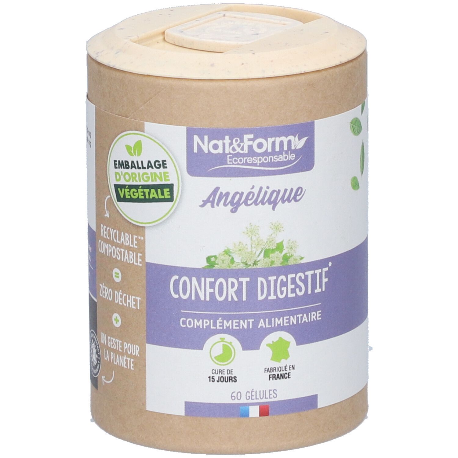 Boîte cylindrique avec couvercle. Inscription: Nat&Form, Angélique, Confort Digestif, 60 gélules. Emballage végétal.