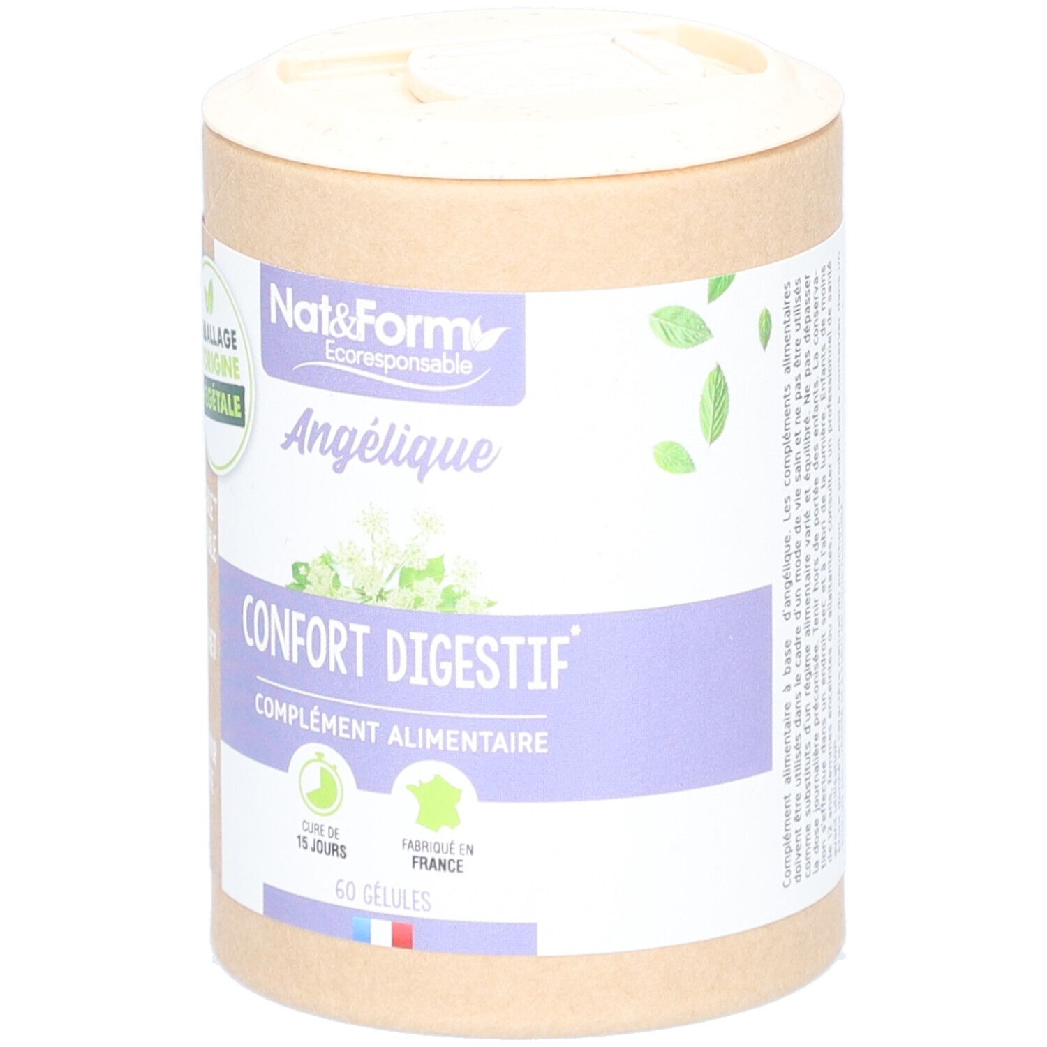 Boîte cylindrique avec couvercle. Inscription: Nat&Form, Angélique, Confort Digestif, 60 gélules. Fabriqué en France.