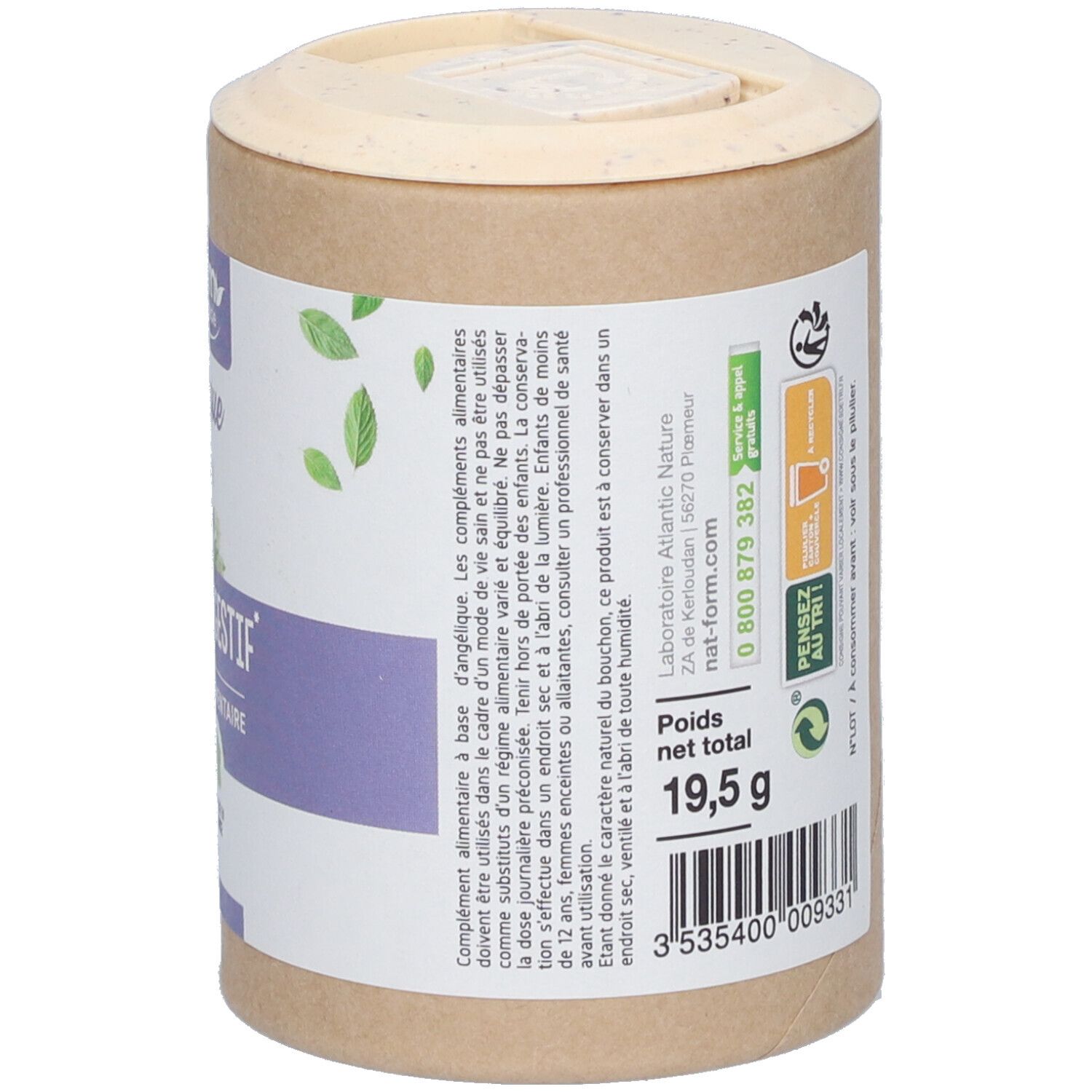Dos de la boîte. Poids net: 19,5 g. Inscription: Nat&Form. Liste des ingrédients. Logo de recyclage.
