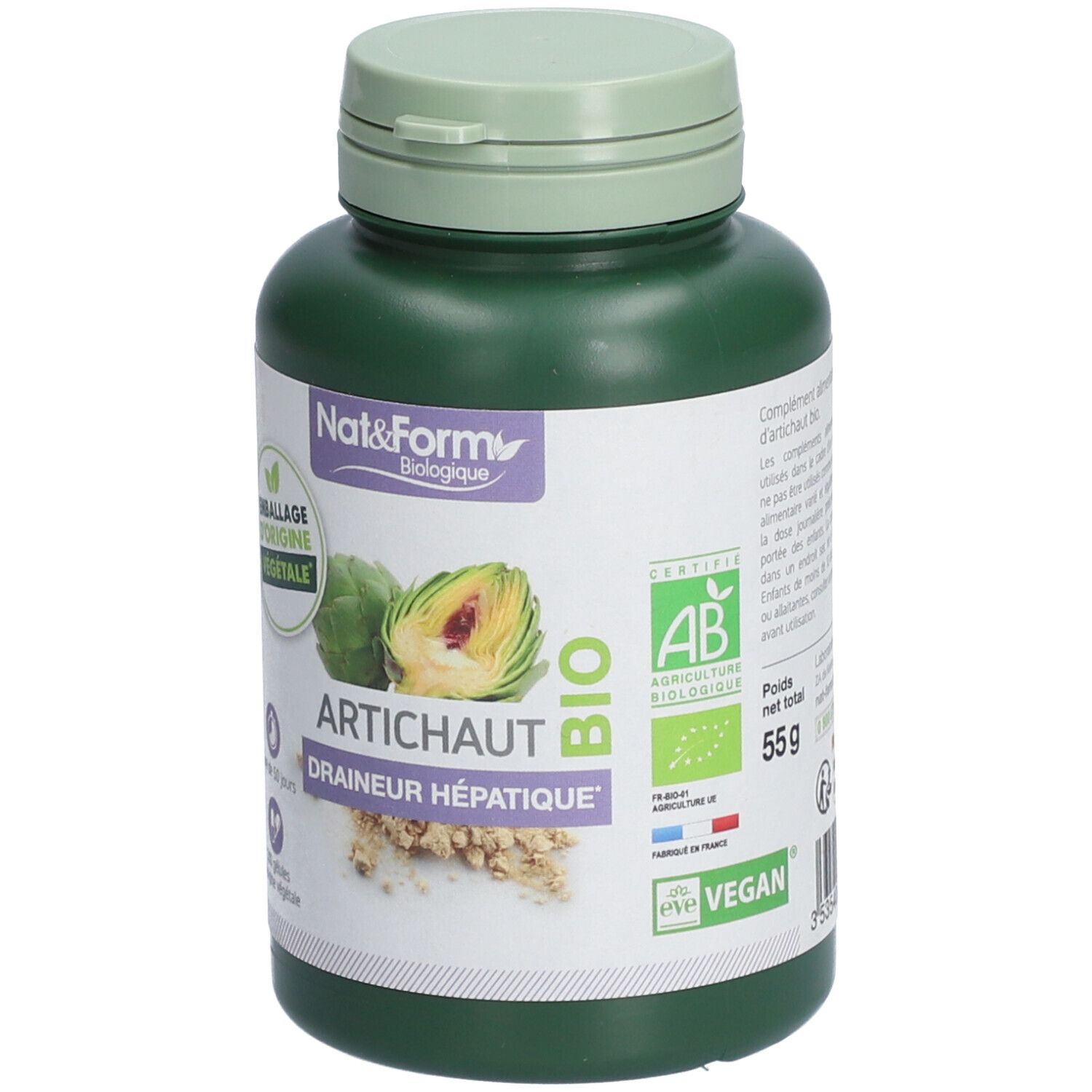 Flacon vert de gélules. Inscription: Artichaut Bio, Drainer Hépatique. Logos: Nat&Form, AB, Vegan, 55g.
