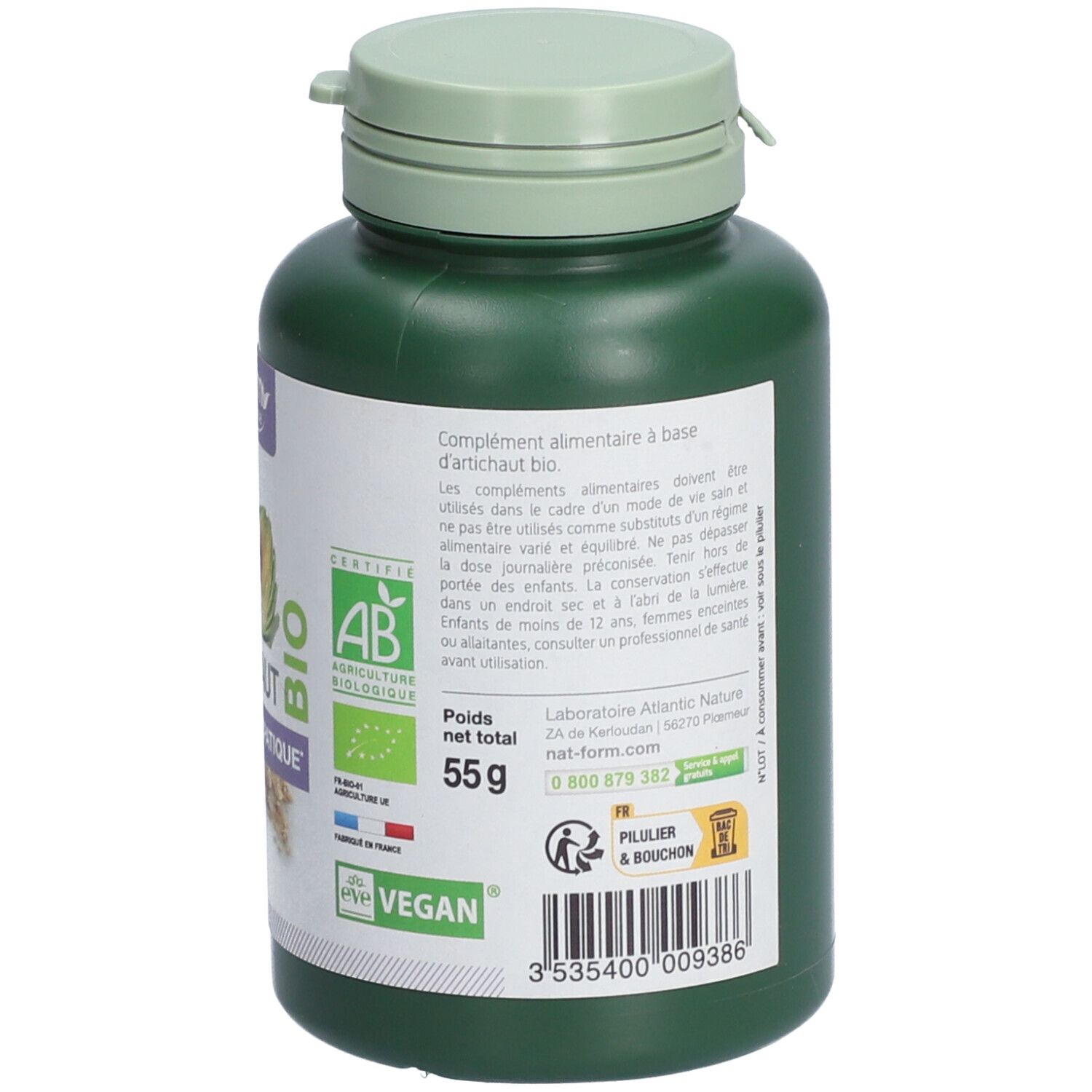 Dos du flacon vert. Inscription: Complément alimentaire. Logos: AB, Vegan, 55g. Texte en français.