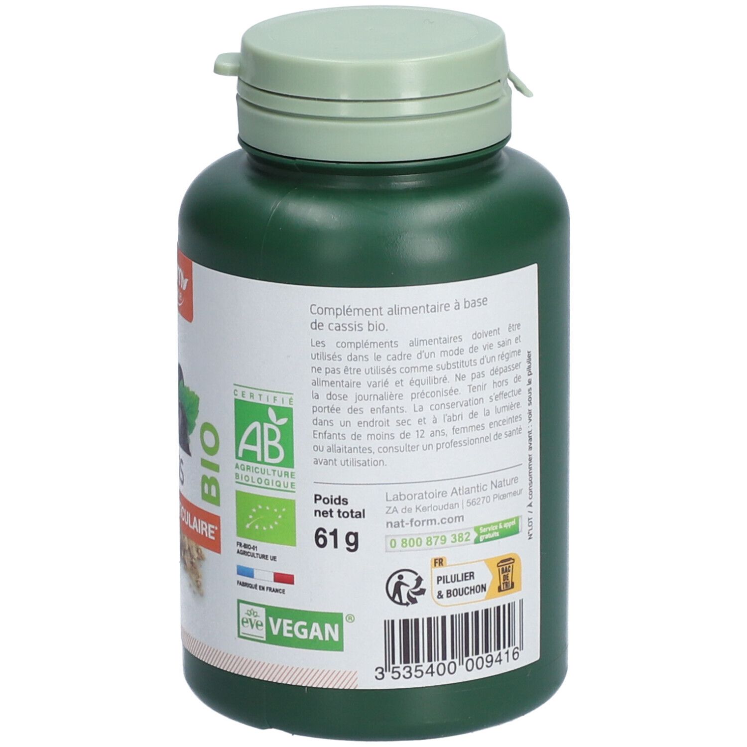Rückseite der grünen Flasche. Etikett mit Informationen, Bio-Siegel, Vegan-Logo und Gewichtsangabe.