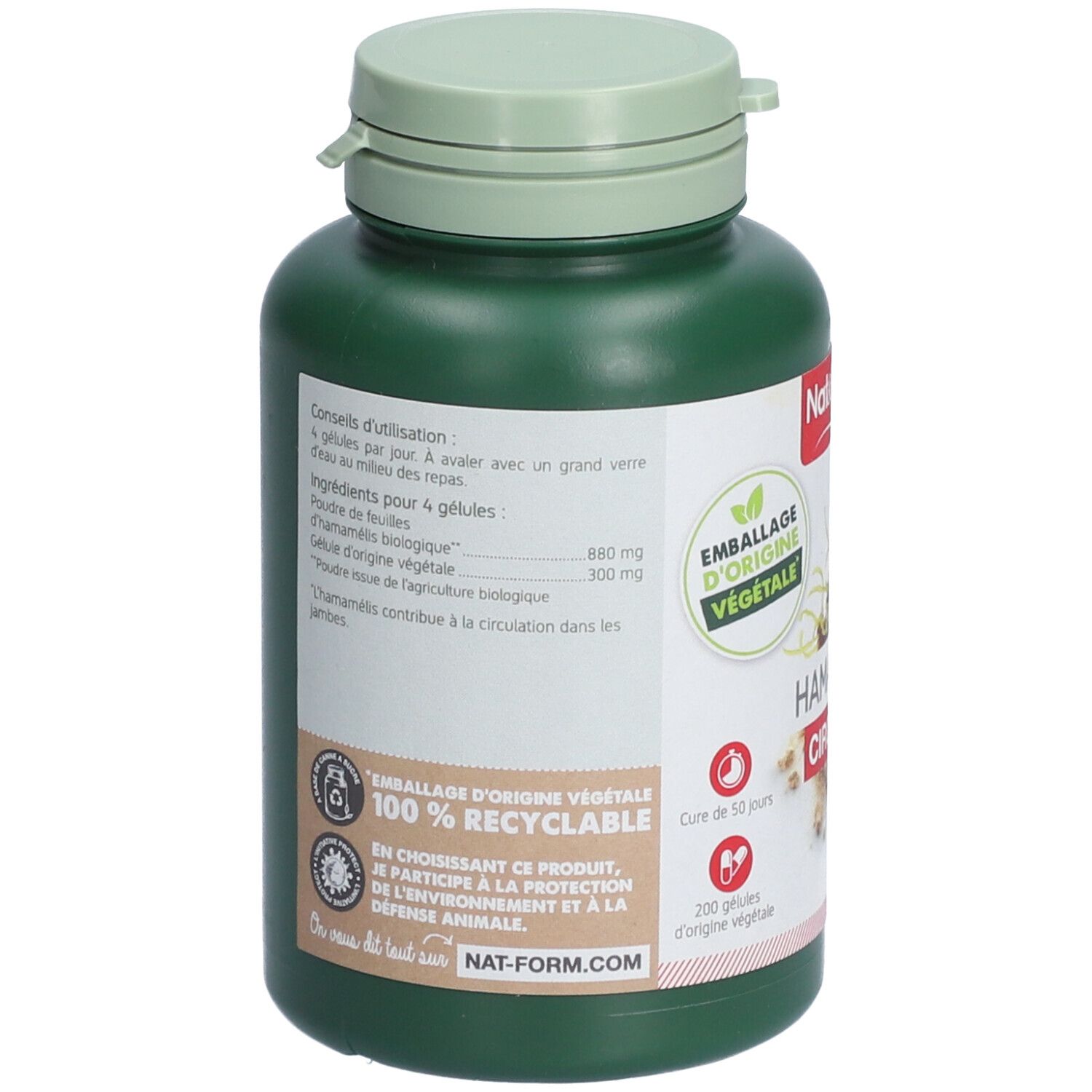 Dos du flacon vert. Texte: Ingrédients, 100% recyclable, Nat-Form. Label: Emballage d'origine végétale.