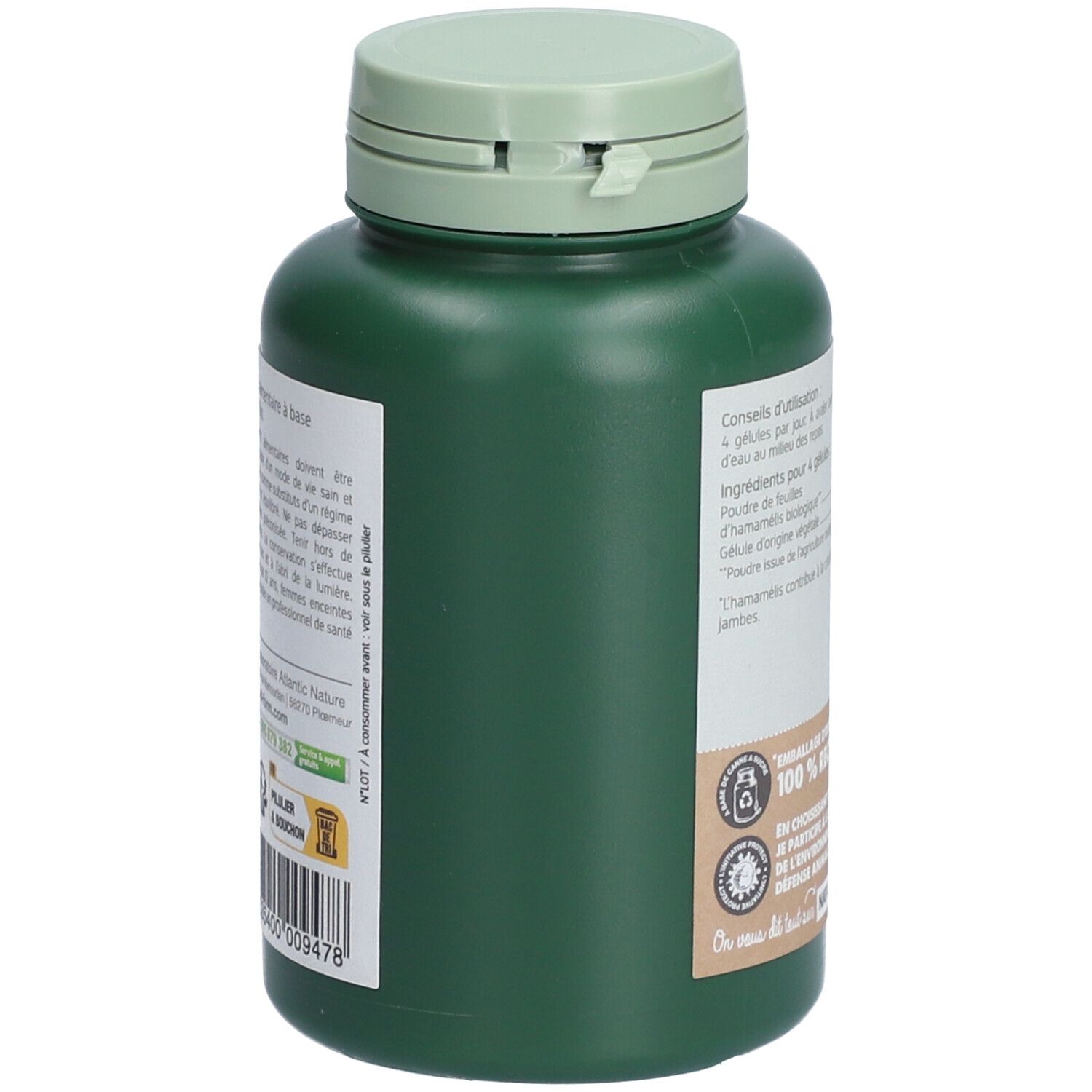 Flacon vert, vue latérale. Texte: Ingrédients, 100% recyclable, Nat-Form. Label: Emballage d'origine végétale.