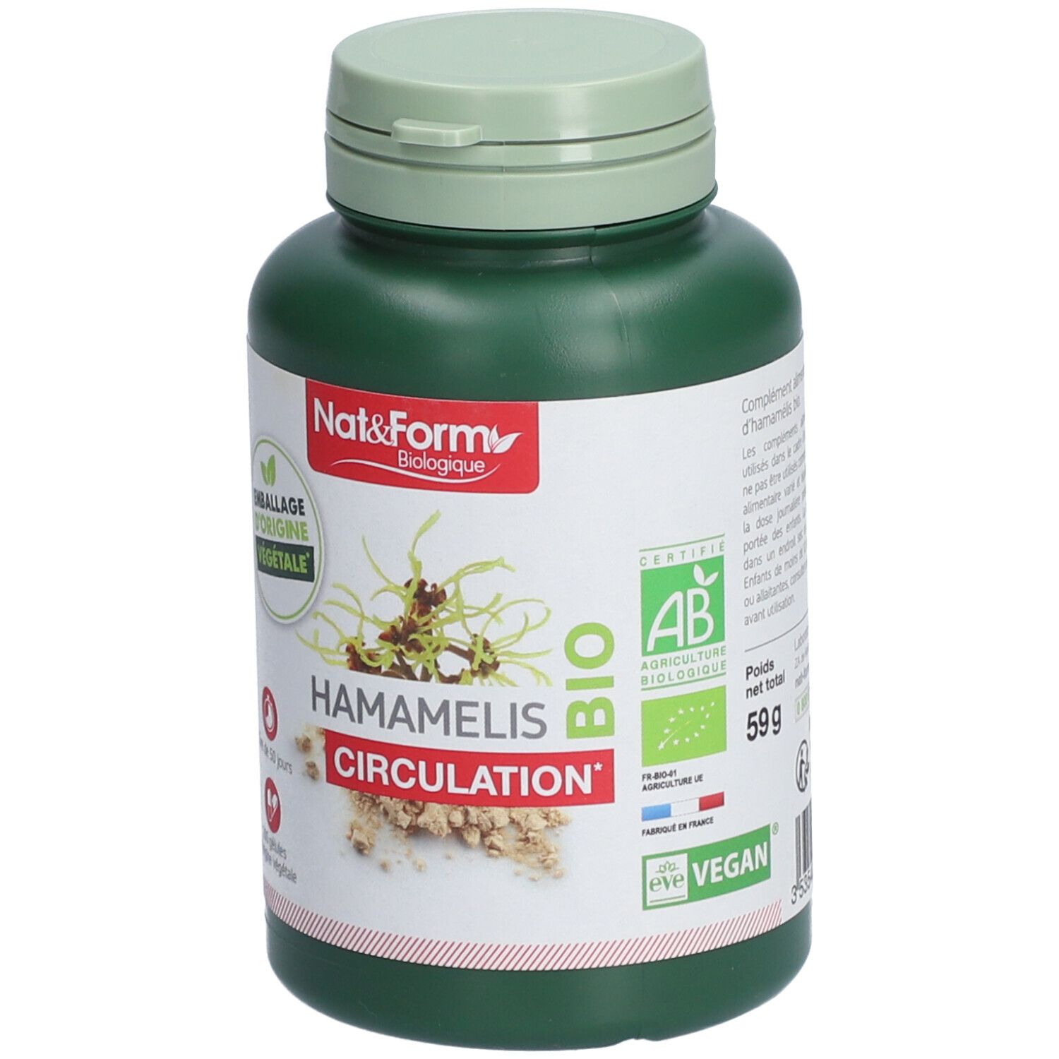 Flacon vert de gélules. Inscription: HAMAMELIS CIRCULATION, BIO, Emballage d'origine végétale. Labels AB, Vegan, 59g.