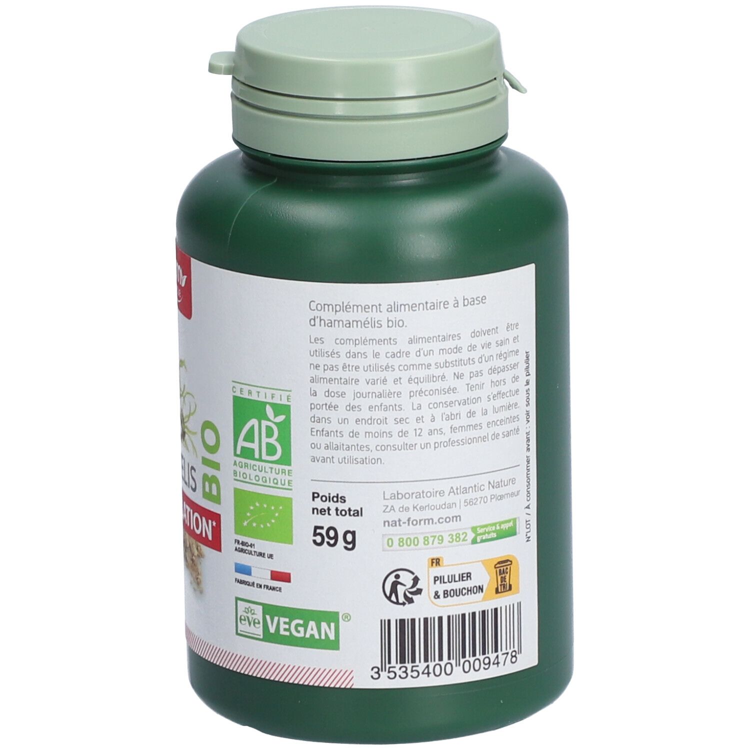 Dos du flacon vert. Texte: Complément alimentaire, HAMAMELIS BIO, 59g. Labels: AB, Vegan, Nat-Form.