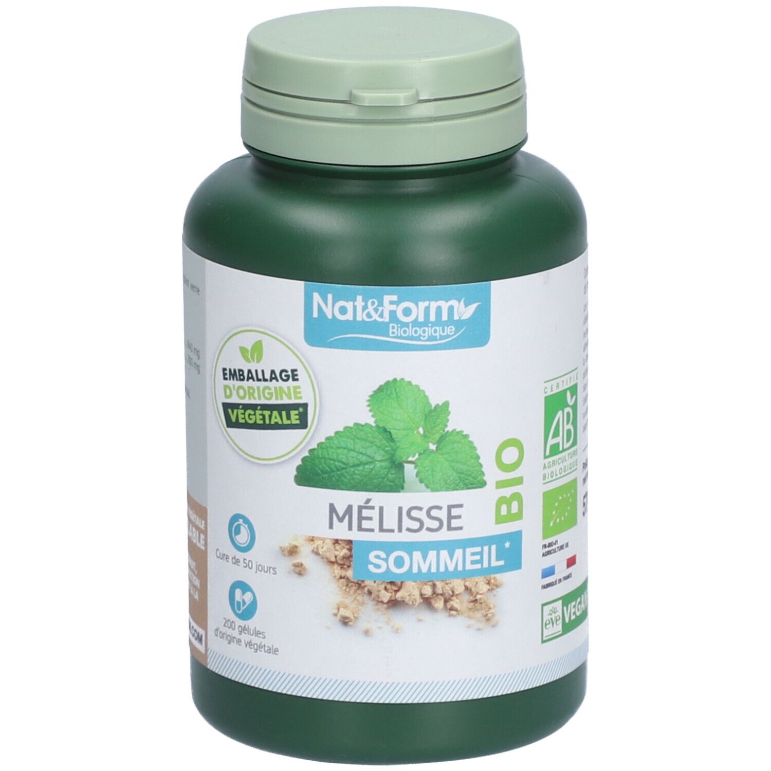 Grüne Flasche mit Nat&Form Mélisse BIO. Aufschrift: Mélisse Sommeil, BIO-Zertifizierung, 200 Kapseln. Verpackung aus Pflanzenmaterial.