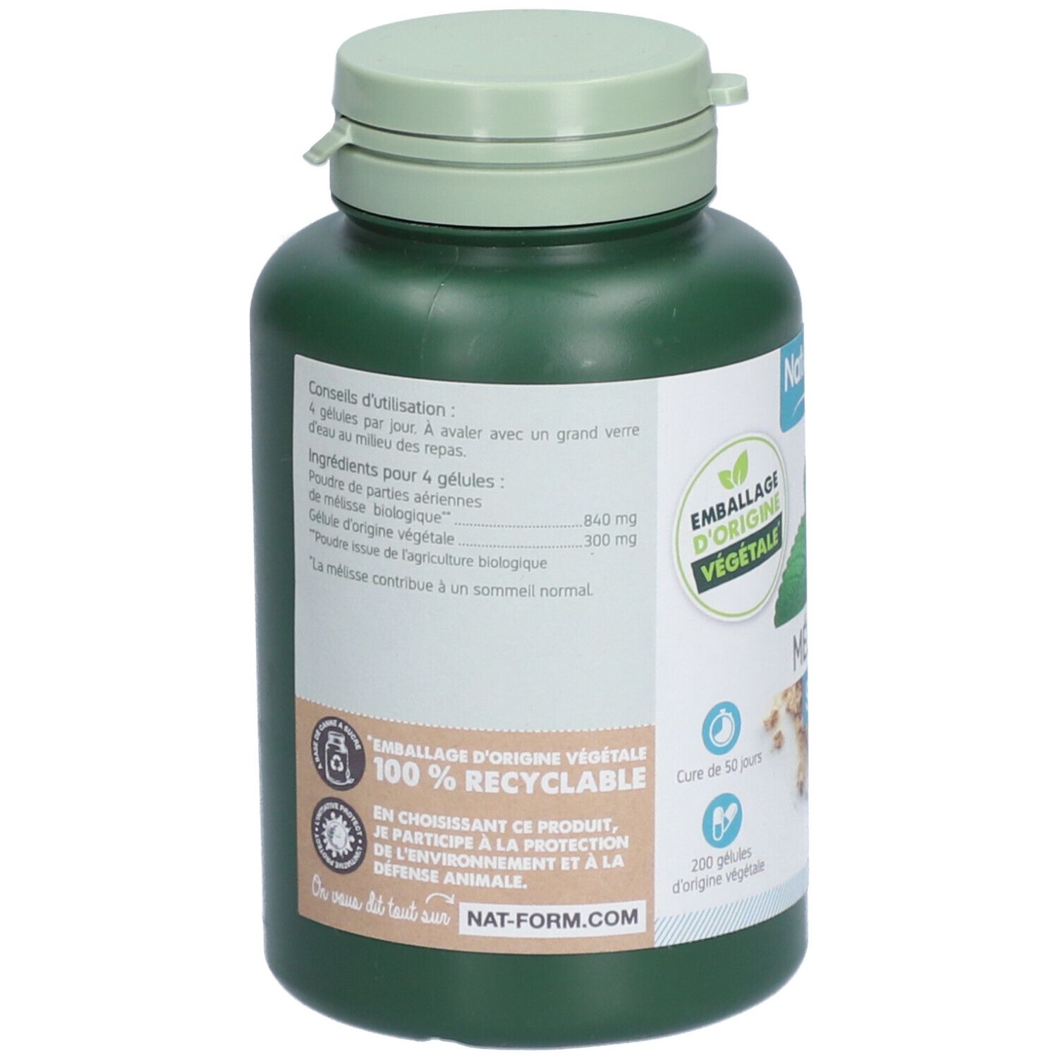 Rückseite der grünen Flasche Nat&Form Mélisse BIO. Text: 100% recycelbar, 200 Kapseln. Informationen zu Inhaltsstoffen und Gebrauchsanweisung.