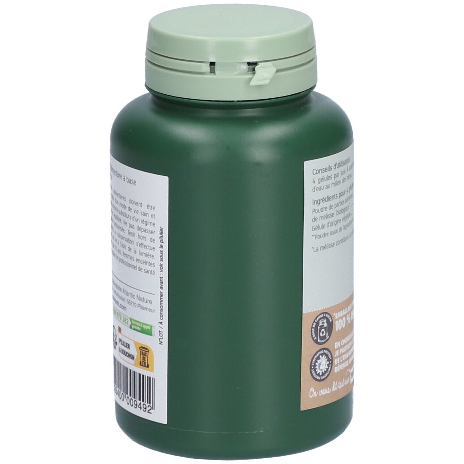 Grüne Flasche Nat&Form Mélisse BIO. Seitenansicht. Text: 100% recycelbar, 200 Kapseln. Informationen zu Inhaltsstoffen und Gebrauchsanweisung.