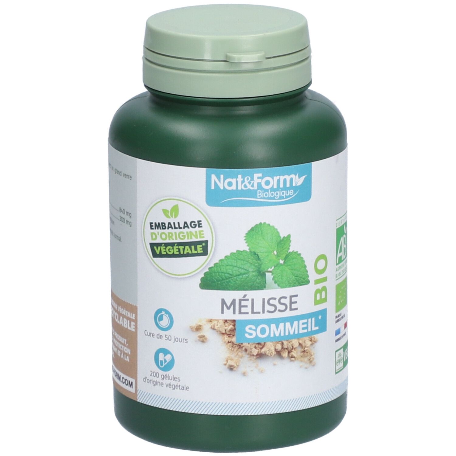 Grüne Flasche Nat&Form Mélisse BIO. Aufschrift: Mélisse Sommeil, BIO-Zertifizierung, 200 Kapseln. Verpackung aus Pflanzenmaterial.