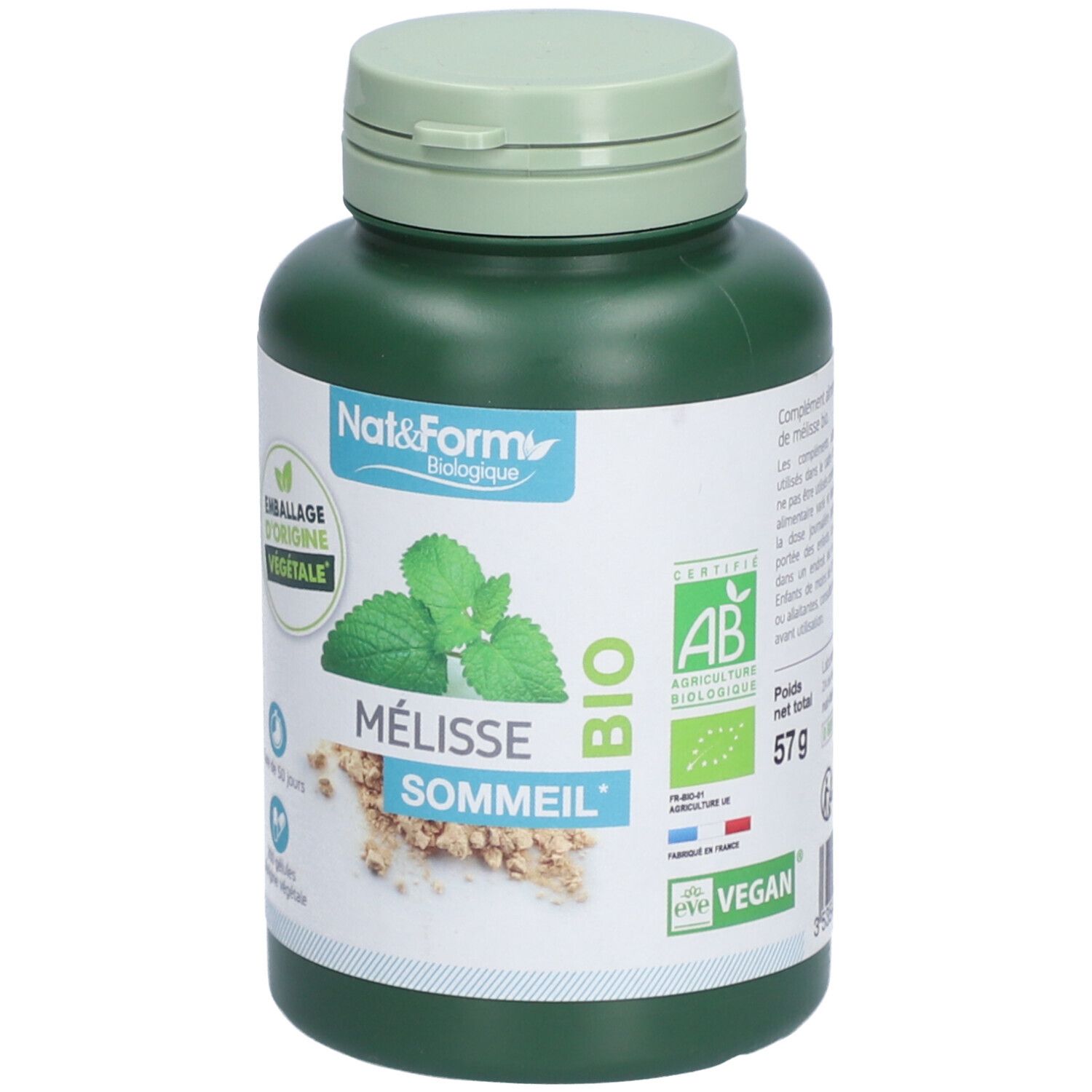 Grüne Flasche Nat&Form Mélisse BIO. Aufschrift: Mélisse Sommeil, BIO-Zertifizierung, 57g. Vegan-Siegel. Verpackung aus Pflanzenmaterial.