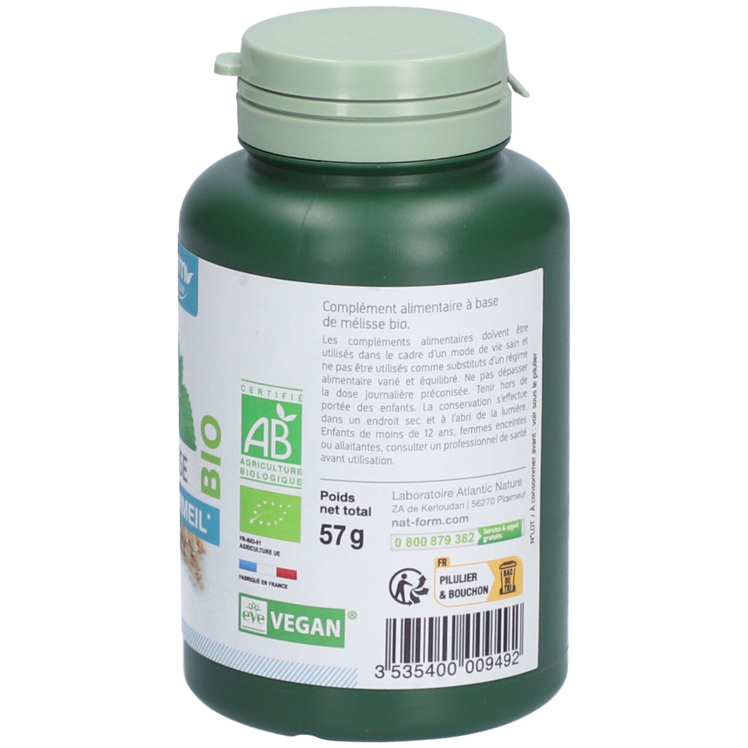 Rückseite der grünen Flasche Nat&Form Mélisse BIO. Text: 57g, Vegan-Siegel, BIO-Zertifizierung. Informationen zu Inhaltsstoffen und Gebrauchsanweisung.