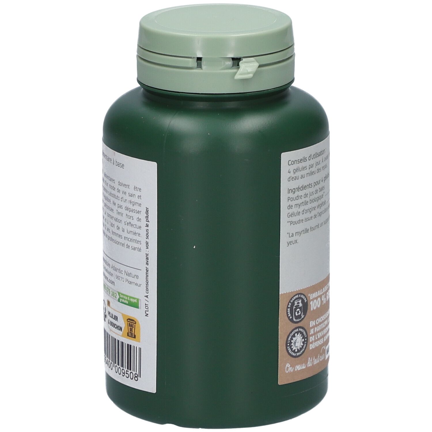 Grüne Flasche, Seitenansicht. Etikett mit Text und Logo. Deckel in hellem Grün.