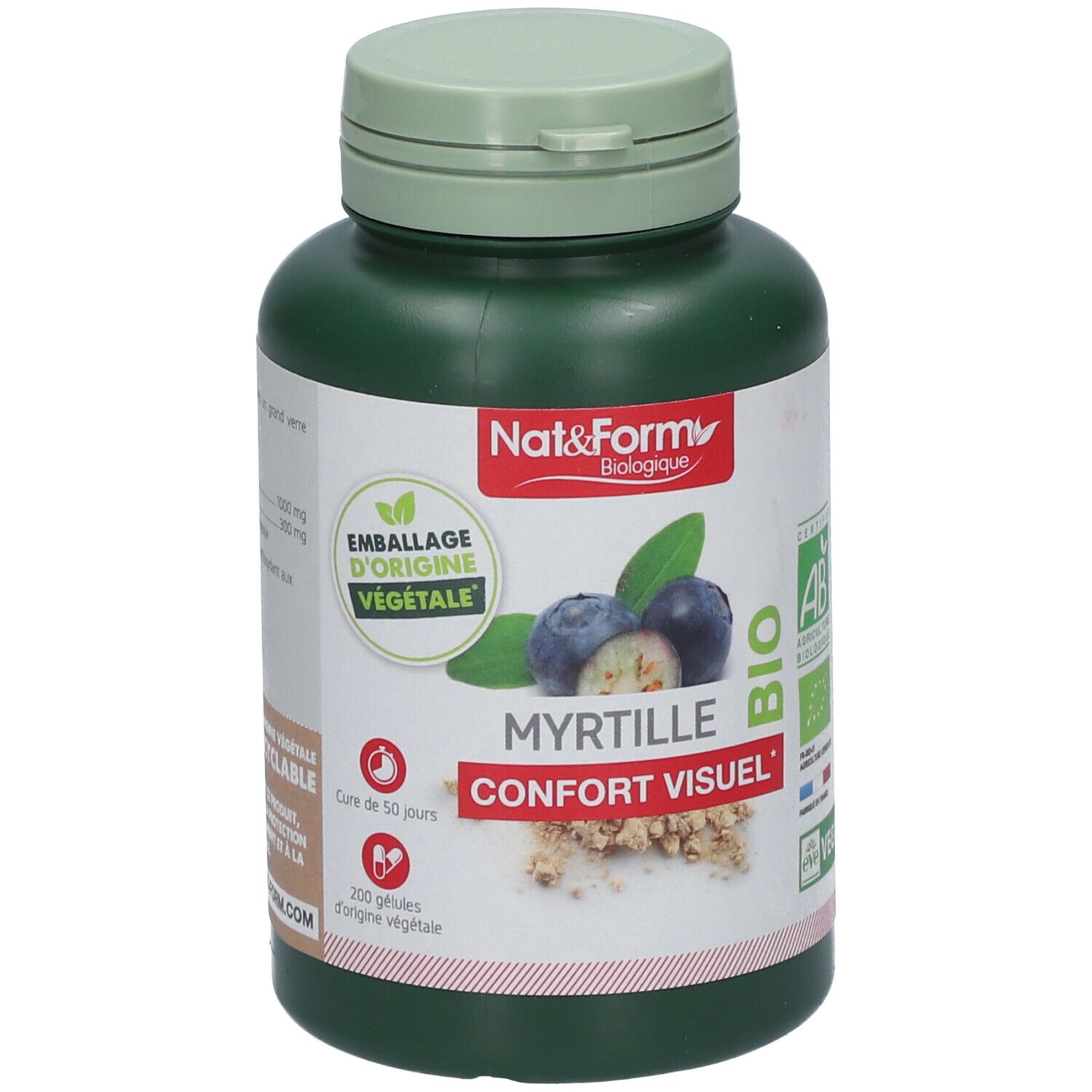 Grüne Flasche mit Deckel. Aufschrift: MYRTILLE CONFORT VISUEL. Bio-Zertifizierung. Abbildung von Blaubeeren.
