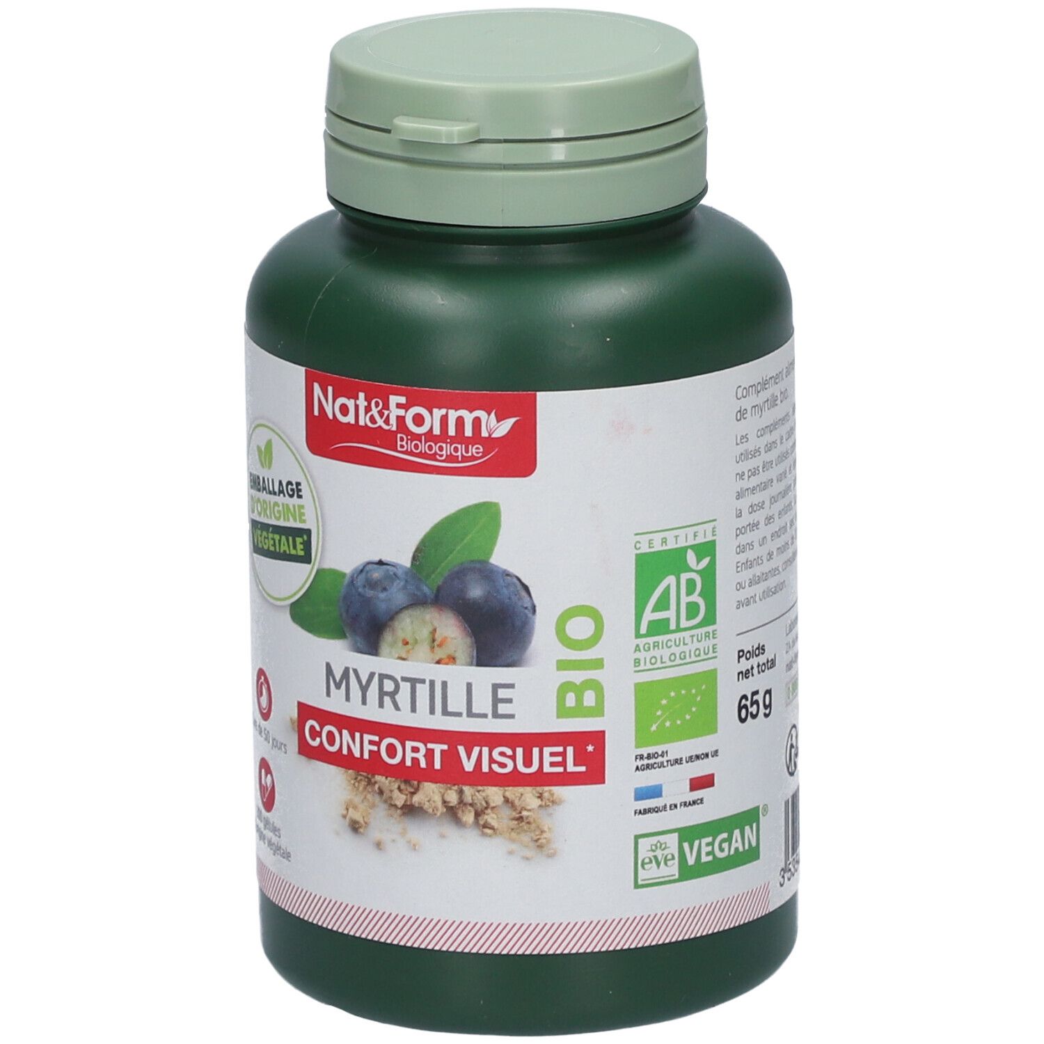 Grüne Flasche mit Deckel. Aufschrift: MYRTILLE CONFORT VISUEL. Bio-Zertifizierung. Gewicht: 65g.