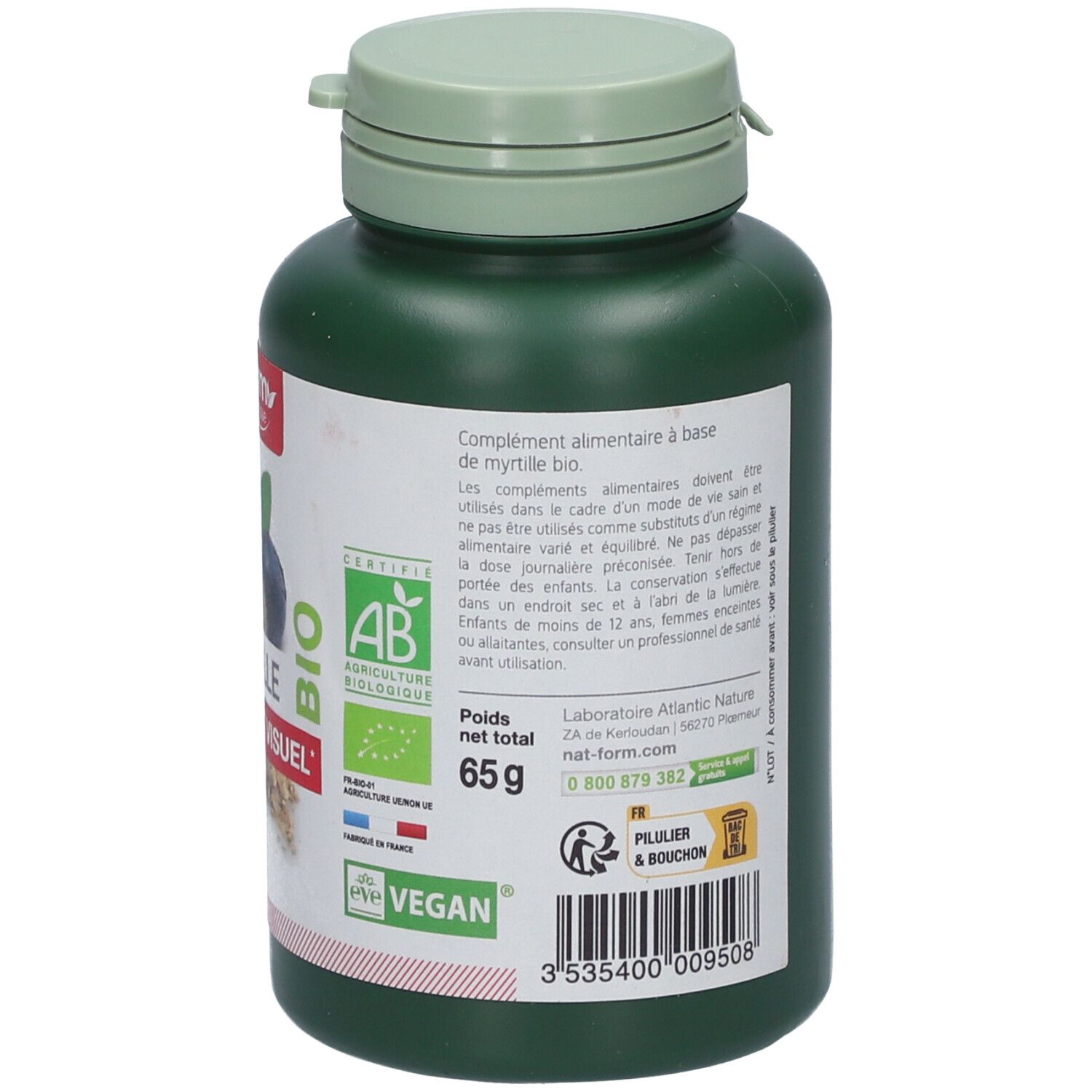 Rückseite der grünen Flasche. Text: Nahrungsergänzungsmittel, Bio-Zertifizierung, Gewicht: 65g.