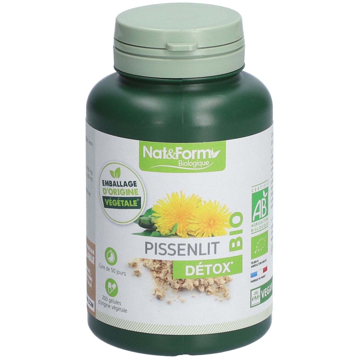 Grüne Flasche mit Kapseln. Aufschrift: Pissenlit Détox, Bio. Label mit Sonnenblumen und AB-Zertifizierung.