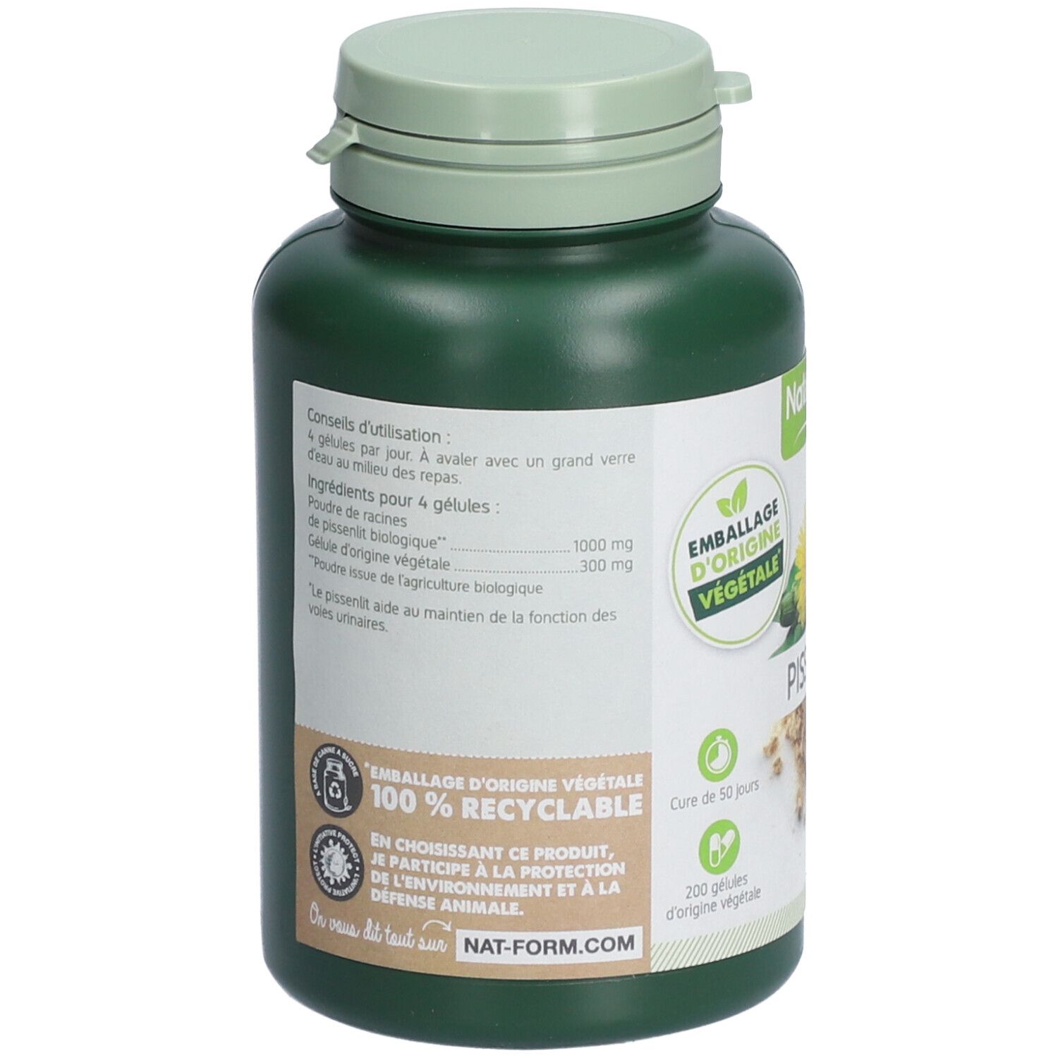 Rückseite der grünen Flasche. Text: Gebrauchsanweisung, Zutaten, 100% recycelbar, Nat-Form.com.