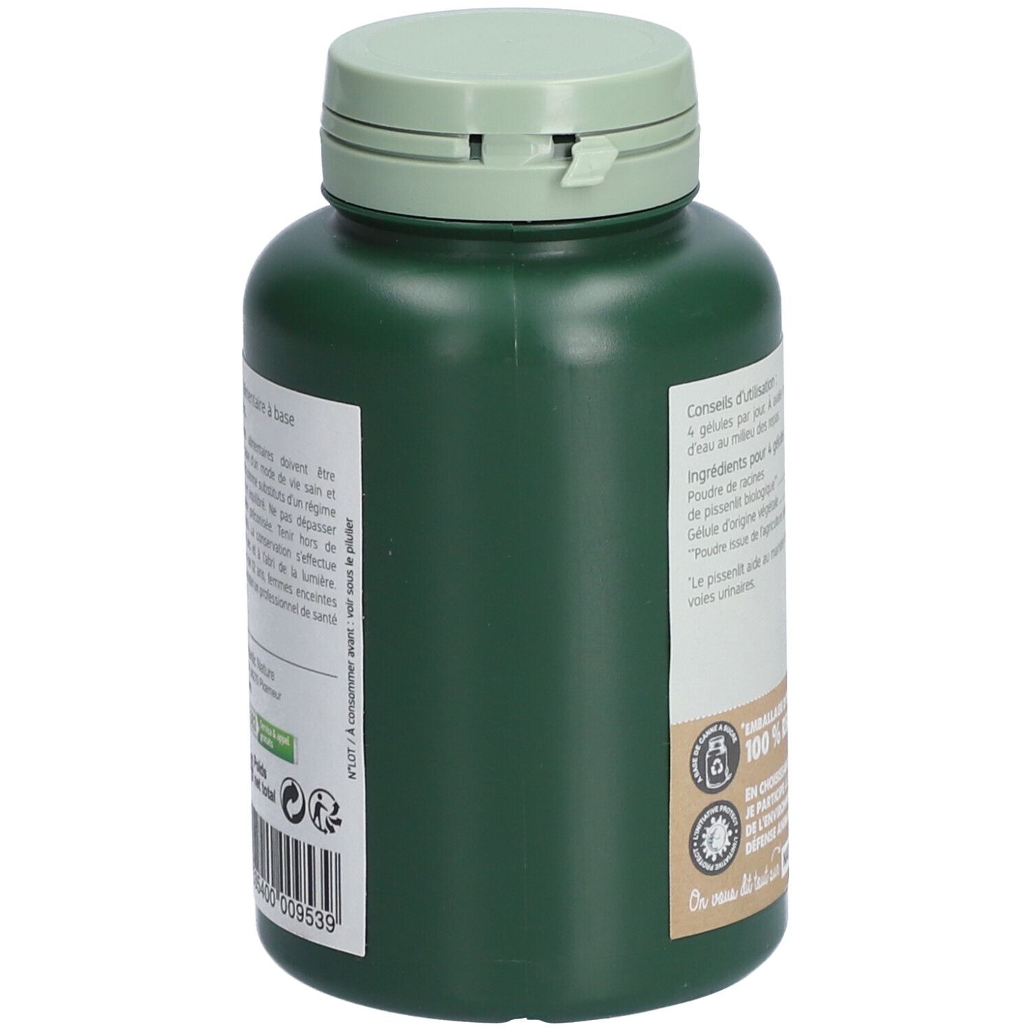 Grüne Flasche, Seitenansicht. Text: Gebrauchsanweisung, Zutaten, 100% recycelbar, Nat-Form.com.