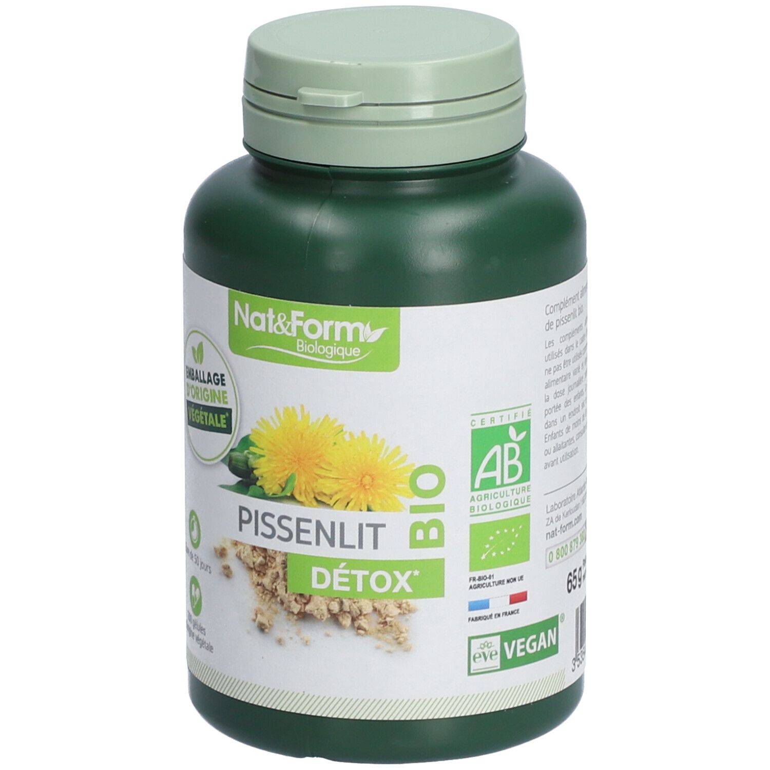 Grüne Flasche mit Kapseln. Aufschrift: Pissenlit Détox, Bio. Label mit Sonnenblumen und AB-Zertifizierung.
