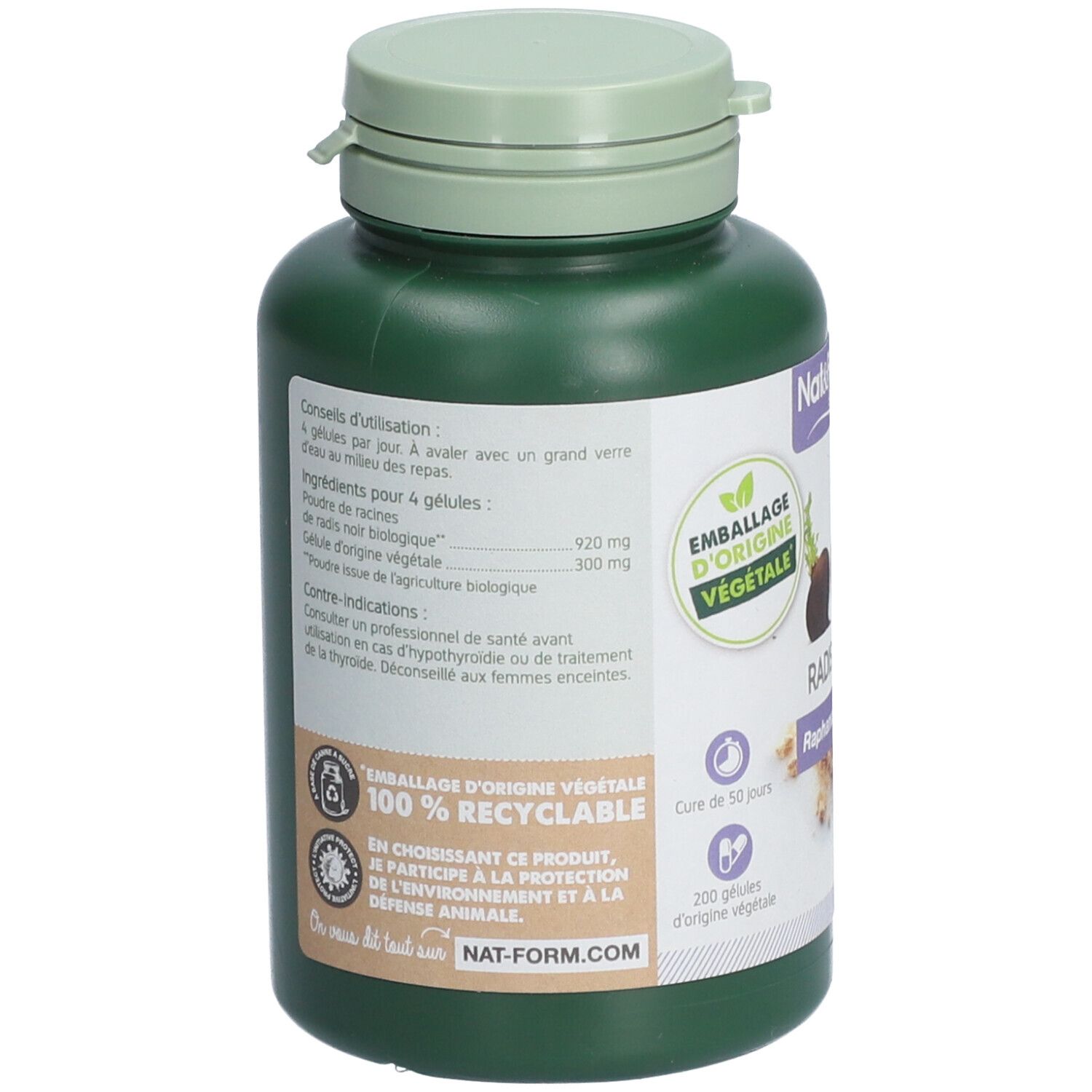 Dos du flacon vert. Texte: 100% recyclable, 200 gélules. Informations sur les ingrédients et mode d'emploi.