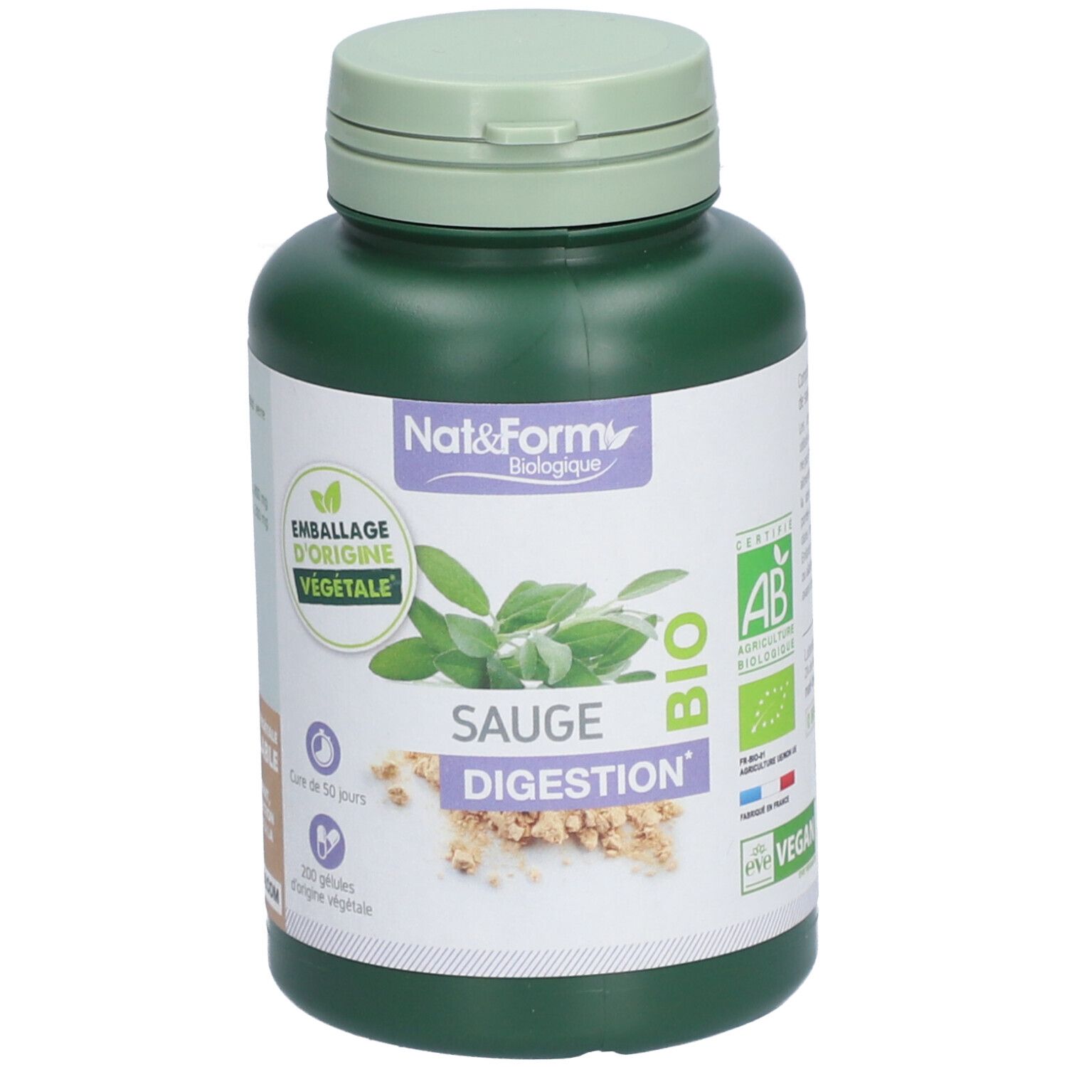 Flacon vert avec capsules. Étiquette avec logo, texte et label bio. Inscription: SAUGE DIGESTION.