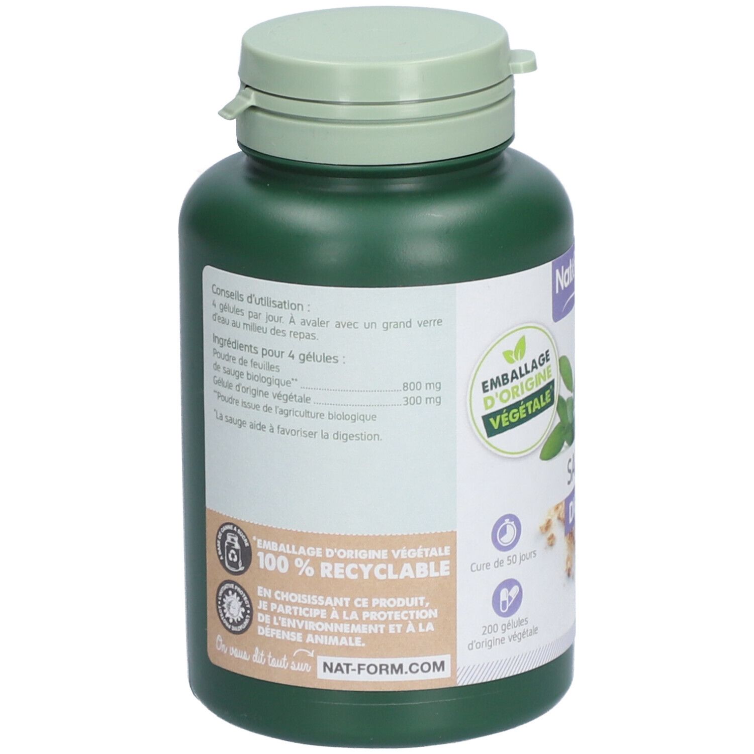 Dos d'un flacon vert avec capsules. Étiquette avec texte et logo. Texte: 100% recyclable, 200 gélules.